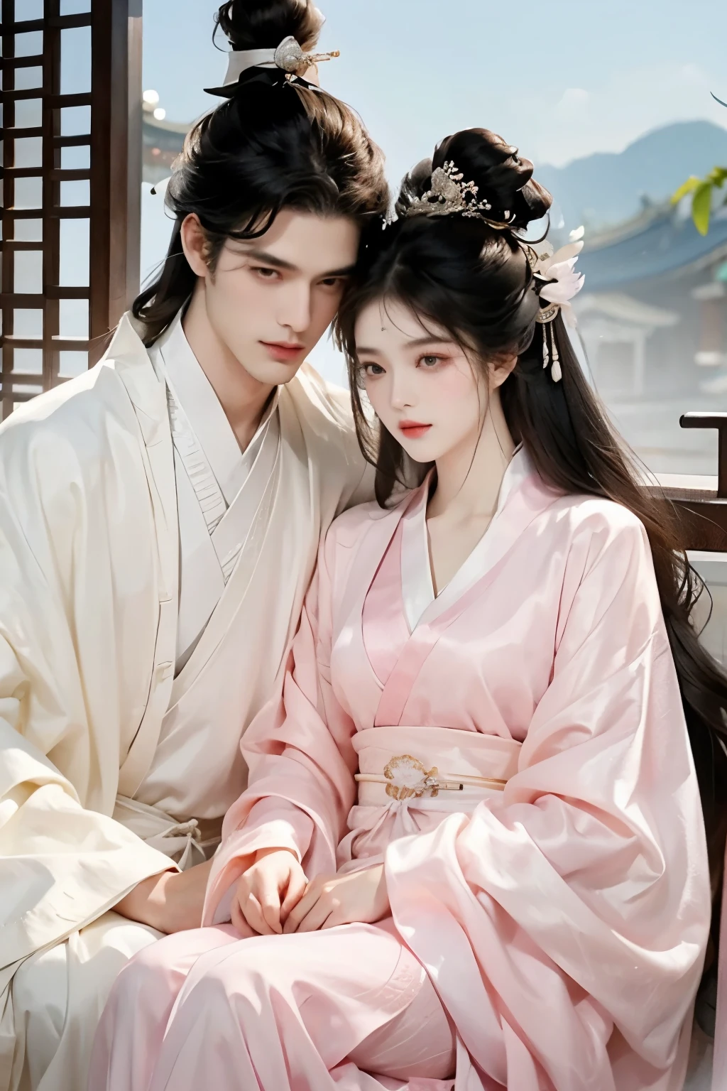 A handsome guy and a beautiful girl are leaning against each other，quiet and peaceful，faint smile，Chinese style clothing and accessories，black hair，perfect face，Chinese architecture