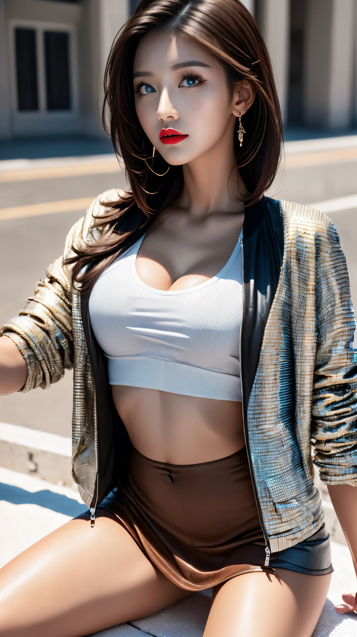 High resolution), (the most absurd quality), (high quality), (masterpiece), ((girl 18-year-old)),fashion supermodel,(best high quality real texture skin:1.4),(ebony skin female),(best quality texture hair:1.4),BREAK,((long [[blonde hair]] ((slicked to the side)) extremely detailed:1.35)),((outdoor, lying on sports supercar, erotic position:1.4)),(sharp focus),(smoother lighting:1.05),(increase cinematic lighting quality:0.4),realistic lighting, light on face and body,(perfect proportions),(anatomically correct),(perfect female body:1.4),(Super beautiful body),(firm normal full breasts:1.3),(narrow waist:1.3),small ass,slim face,beautiful cheekbones,slim belly: 1.3,(slim,swell-muscled body:1.3),(Super beautiful face),(realistic face),(highly detailed face:1.4),black_eyeshadow,(ultra detailed eyes), finely detailed face,finely quality eyes,(tired and sleepy and satisfied:0.0),realistic eyes,perfect round eyes,finely detailed pupils,((brown_eyes:1.1)),BREAK,detailed lips:1.3,(red_lipstick:1.18),(Detailed nose:1.2),BREAK,((super extravagant ((cut jacket)) wear:1.51)),small head:1.4,BREAK,makeup:1.22,dynamic pose,BREAK,((silked skirt,(tiny skirt:1.3),no_panties,curvy),(short skirt wrapped at the hips),/(random u%u top:1.22),/exquisite balance of shadows,perfect composition,(shot above the knee:1.3),look at the viewer,(from below:1.3),((show high exposed thighs:1.3)),Hasselblad, 85mm f/4.0
