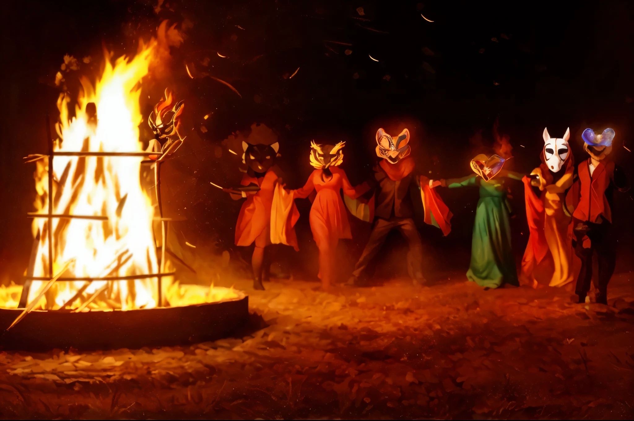 (((6 people))), Round dance of people around the fire wearing animal masks., Best quality:1.3), (flat color:1.3),(colorful:1.3), I'm looking at the viewer, (2D:1.3), (psychedelic art:1.3), Gustav Klimt style., luminous, Beautiful, visual stunning shock, elegant, Unbelievably detailed, deep hatching, Blazing, (((Huge bonfire))), dark night, bright warm light, rays of light, wallpaper, High contrast, colorful, Realistic Fantasy, A real flame, Real heat, Realistic fire, Owl mask, Fox Mask, panther mask, snake mask, Horse Mask, rat mask