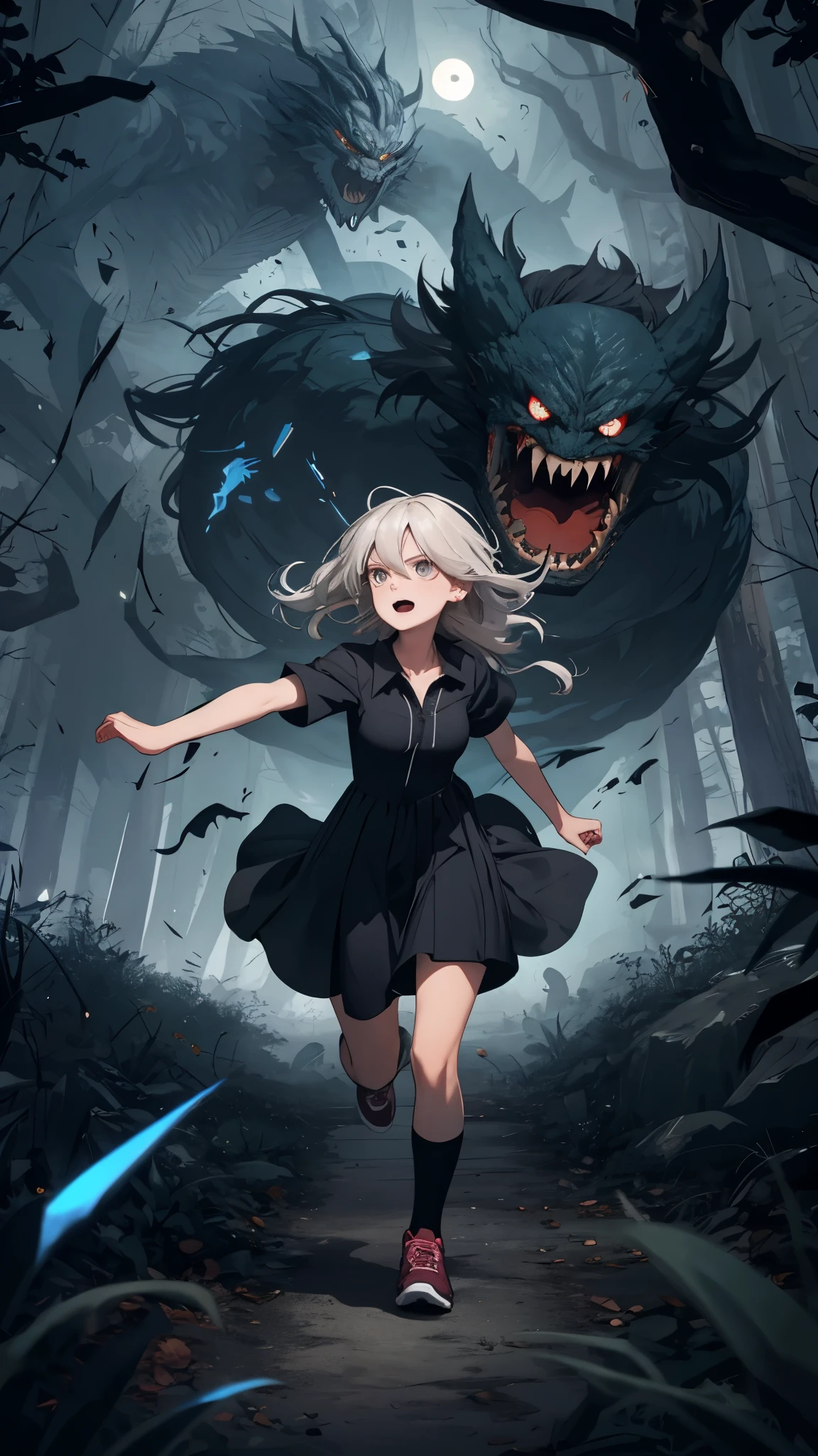 1woman, running woman chasing by monster, running to the viewer, dress, (night dress), scared face expression, victim, opened eyes, dark night forest background, (monster chase, long fangs))