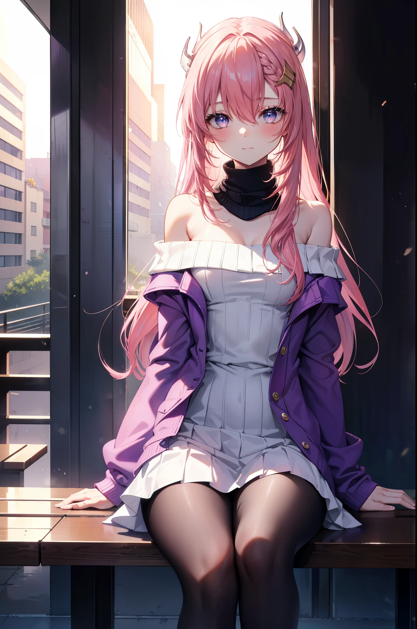 Lax Cline, Klein Lake, (purple eyes:1.1), hair ornaments, long hair, wave hair ornaments, blush,pink hair, smile,The front of the pink coat is open,white off shoulder sweater,bare shoulders,bare clavicle,bare clavicle,mini skirt,black pantyhose,short boots,Sitting on a bench in a station,winter,meeting,evening,sunset,
break looking at viewer, (cowboy shot:1.5),
break outdoors, station entrance,
break (masterpiece:1.2), highest quality, High resolution, unity 8k wallpaper, (figure:0.8), (detailed and beautiful eyes:1.6), highly detailed face, perfect lighting, Very detailed CG, (perfect hands, perfect anatomy),