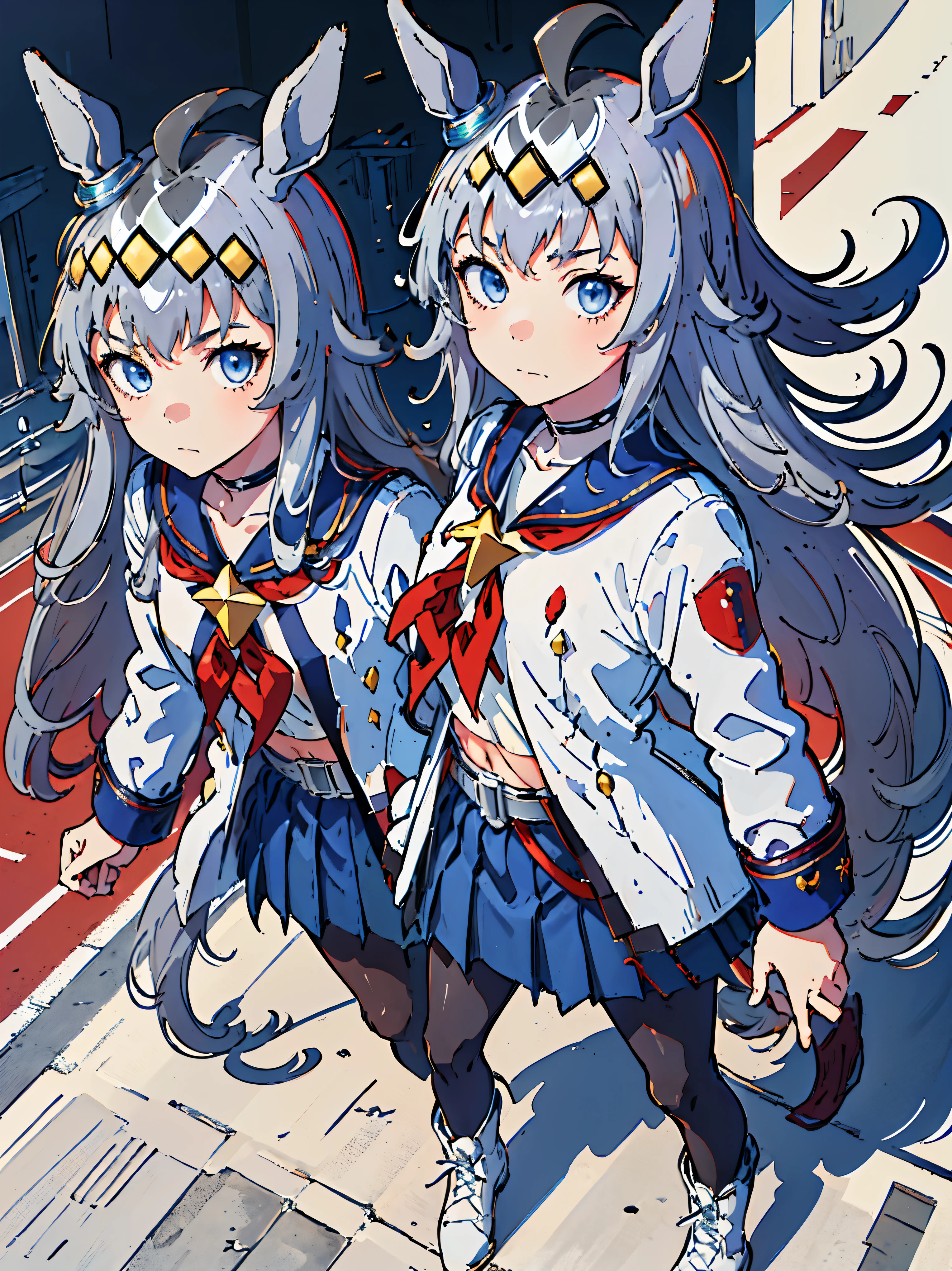 (((masterpiece))), (((anime))), Oguri Cap \(umamusume\),
belly button, blue skirt, long sleeve, pleated skirt, sailor collar, red neckerchief, belt, black pantyhose, white jacket, white shirt, Gray shoes, fur trim boots, high quality, anime like, 1 girl, white long hair,