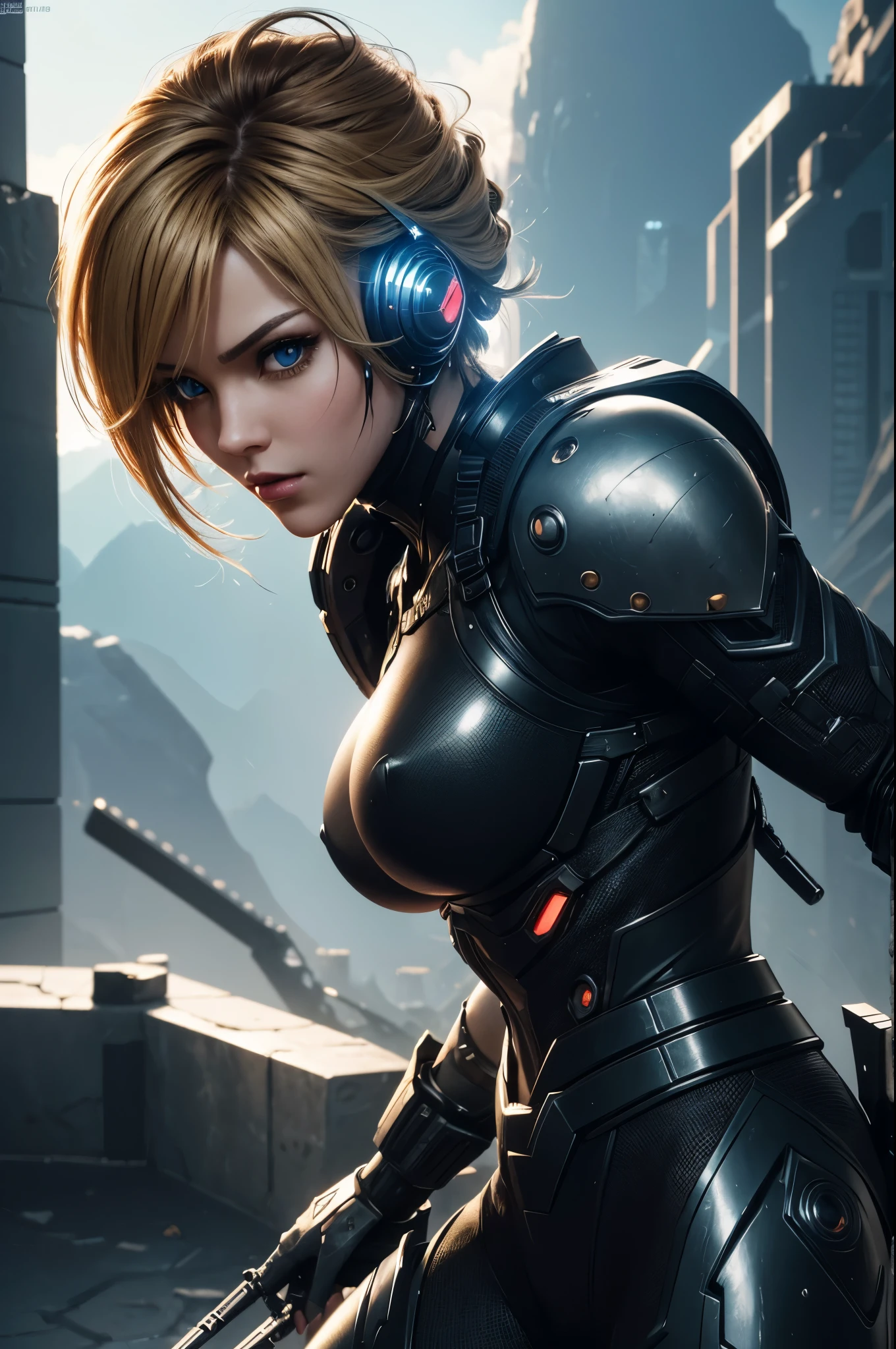 8K,cyber punk, ultra high resolution,  highest quality, perfect shiny glowing skin, perfect lighting, detailed lighting, dramatic shadow, ray tracing, 1 beautiful white man, looking at the viewer, small breasts, Beautifully detailed hazel eyes, sharp face, clear eyes, red lips, long bangs, short curly hair, blonde, ((cyber punkのダークシティ)), Upper body, sexyなバトルスーツ, military harness,masterpiece,highest qualityのフォトリアリスティックなRAW写真。bright colors,rich colors, Backlight, cinematic lighting, film grain, to be born, 50mm lens, Nikon D850,detailed character art,fantasy art,ultra high resolution,super realistic skin,perfect hand shape,mountain path,dynamic pose,fighting pose,action scene,martial arts,take a stand,Close-up,sexy,