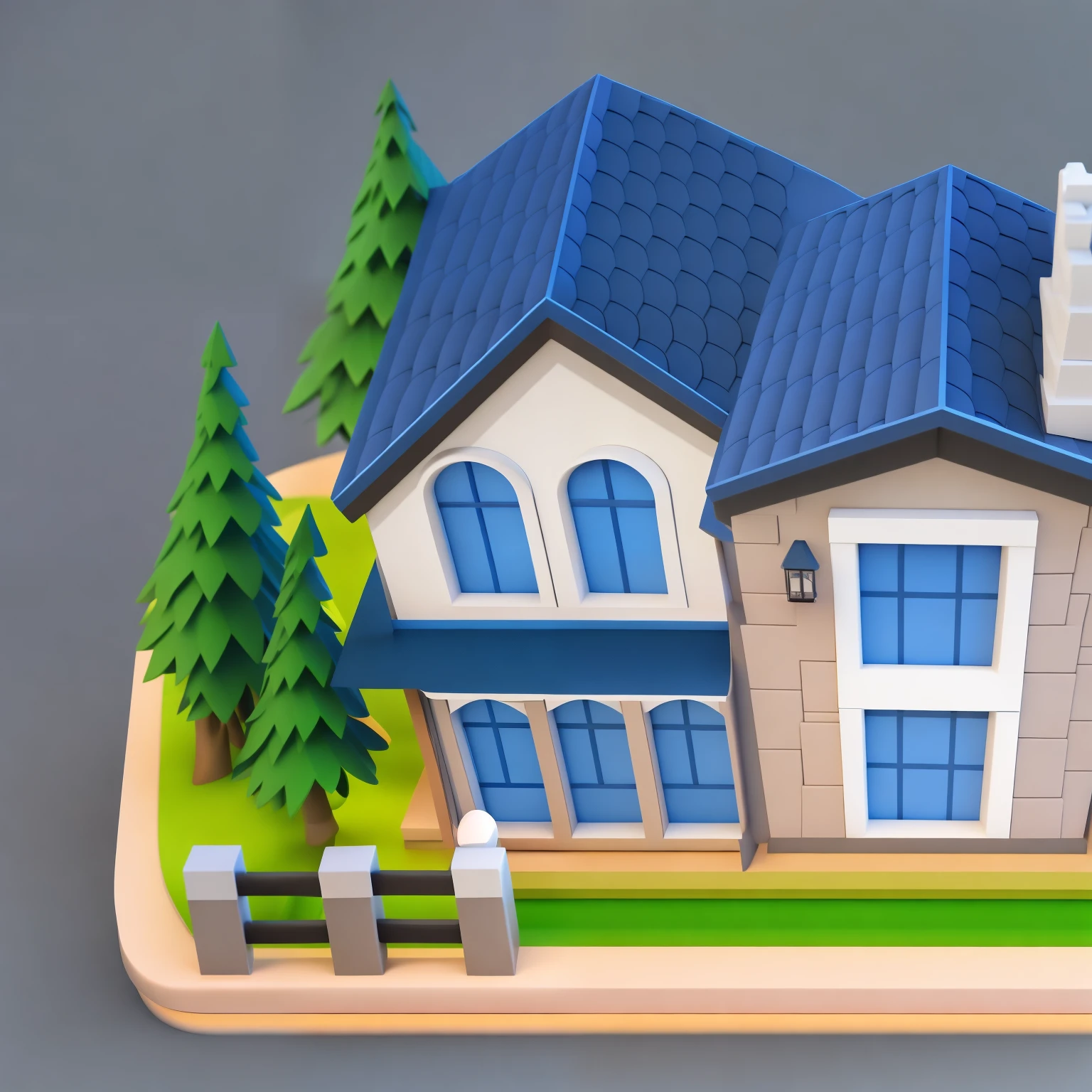 There is a small house,There is a fence,There is a tree next to it, Stylized 3D 渲染, 3D rendering stylization, Stylized for 3D rendering, Realistic 3D style, Stylized 3D, 3D stylized scene, Detailed 2D illustration, Stylized 3D graphics, stylized game art, 3d illustration, 3d illustration