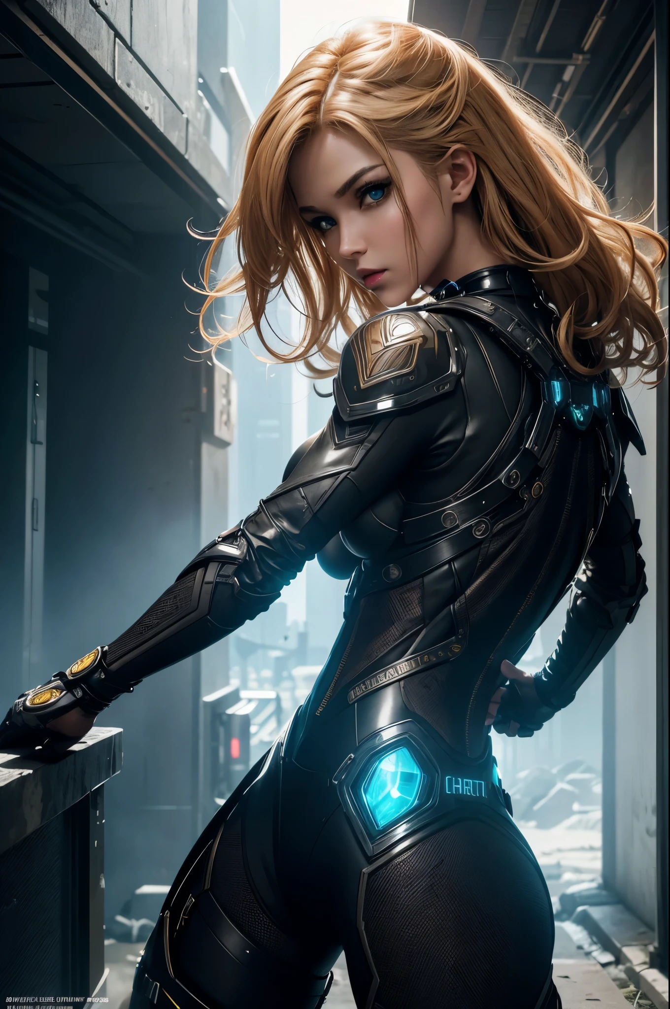 8K,cyber punk, ultra high resolution, highest quality, perfect shiny glowing skin, perfect lighting, detailed lighting, dramatic shadow, ray tracing, 1 beautiful white man, looking at the viewer, big breasts, Beautifully detailed hazel eyes, sharp face, clear eyes, red lips, long bangs, short curly hair, blonde, ((cyber punkのダークシティ)), Upper body, battle suit, military harness,masterpiece,highest qualityのフォトリアリスティックなRAW写真。bright colors,rich colors, Backlight, cinematic lighting, film grain, to be born, 50mm lens, Nikon D850,detailed character art,fantasy art,ultra high resolution,super realistic skin,perfect hand shape,mountain path,dynamic pose,fighting pose,