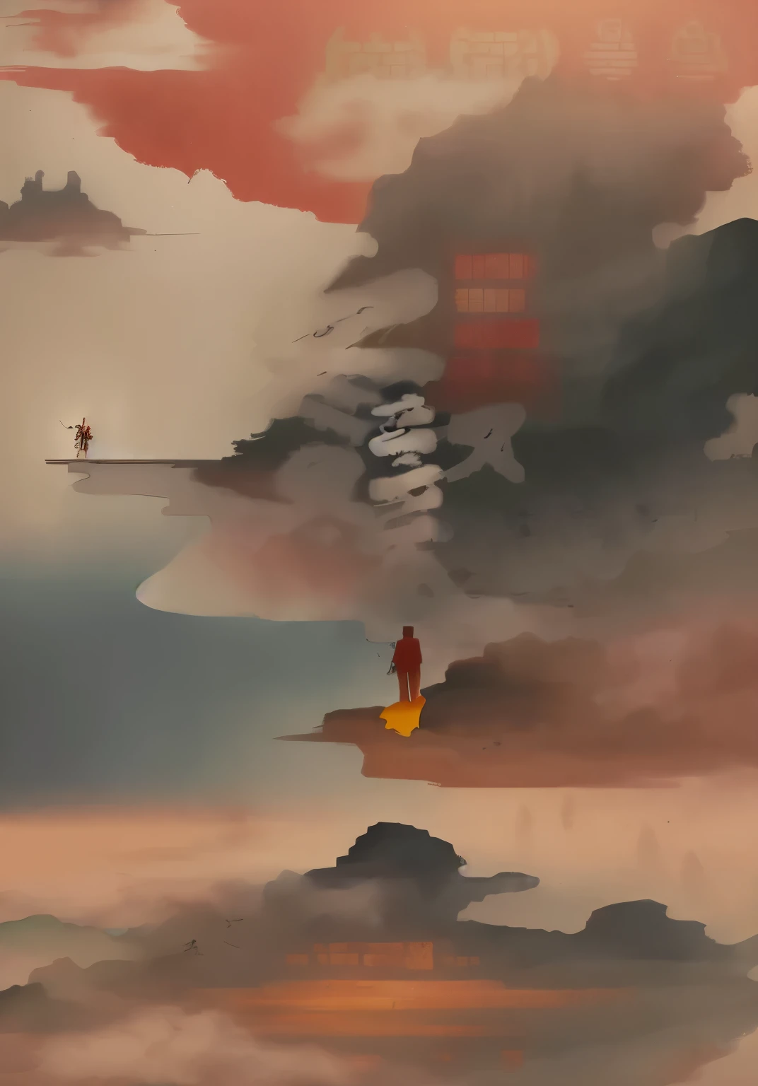 arafed poster of a man standing on a cliff with a kite, inspired by Yang Weizhen, inspired by Wang Ximeng, inspired by Tang Yifen, inspired by Xiao Yuncong, inspired by Zhang Wo, inspired by Victor Wang, inspired by Wang Yuan, chinese watercolor style, poster illustration, winter, inspired by Wang Zhenpeng