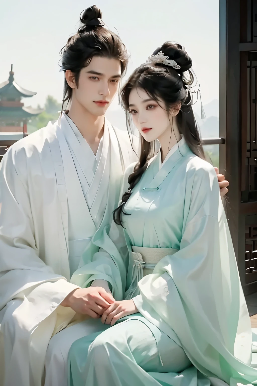 A handsome guy and a beautiful girl are leaning against each other,quiet and peaceful,faint smile,Chinese style clothing and accessories,black hair,perfect face,Chinese architecture