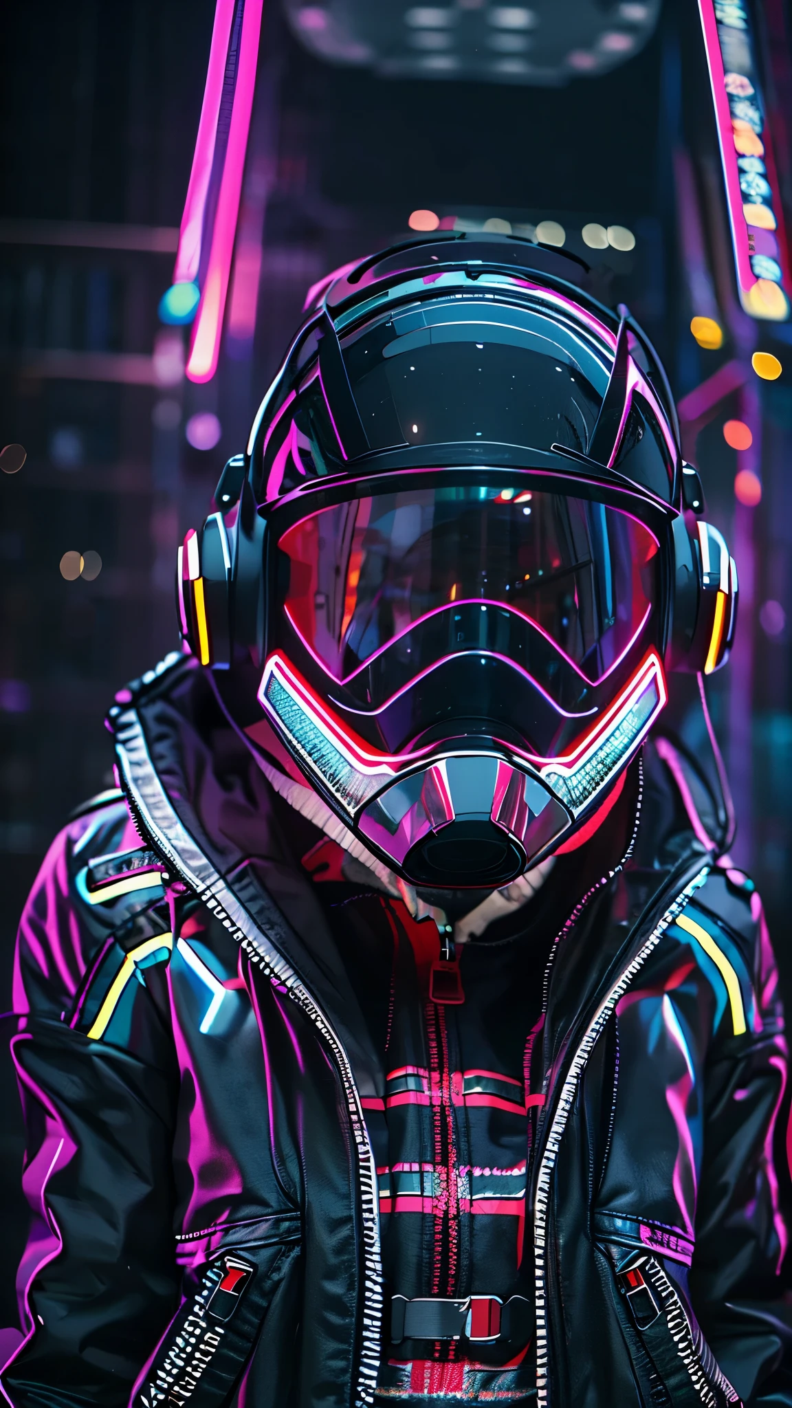 (Good structure),HDR,UHD,8K,1girl,Cyberpunk protective clothing,Cyberpunk gas mask,Cyberpunk protective helmet,A glowing helmet,Neon lights,Neon color,Facing the camera,close-up,night,Mask screen reflection,glowing,jacket,Upper body,Cyberpunk,multicolored clothes,realistic,solo,zipper