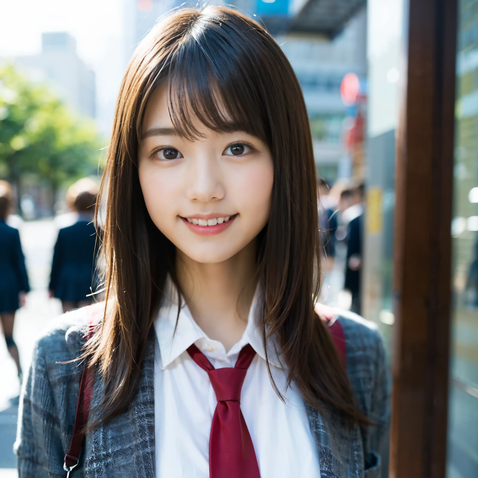 (8k、RAW photo、best image quality、masterpiece:1.2)、(genuine、フォトgenuine:1.37)、Super detailed、ultra high resolution、girl、1 person、eyes that look at the beholder、Beautiful face in every detail、smile、narrow、 (slim waist) :1.3)、dense and beautiful skin、skin texture、flowing hair、professional writing、as a whole human body、long hair、blonde、high school girlの制服、high school girl、school zone、Tokyo、cityscape、red tie、bob hair、happy smile、baby face smile、no makeup、、a little chubby、E cup breasts、