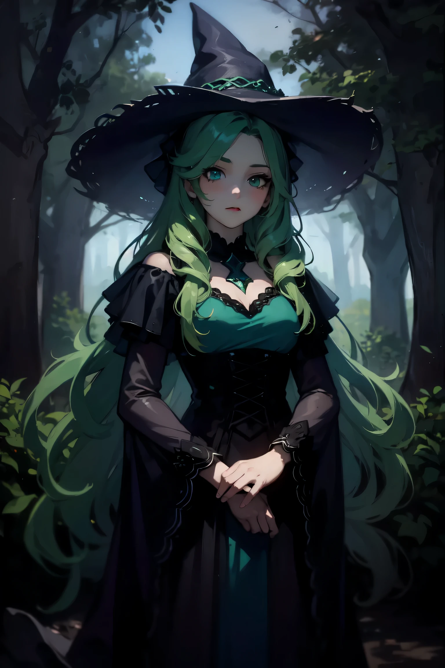 1 beautiful girl with long green hair , dark witch