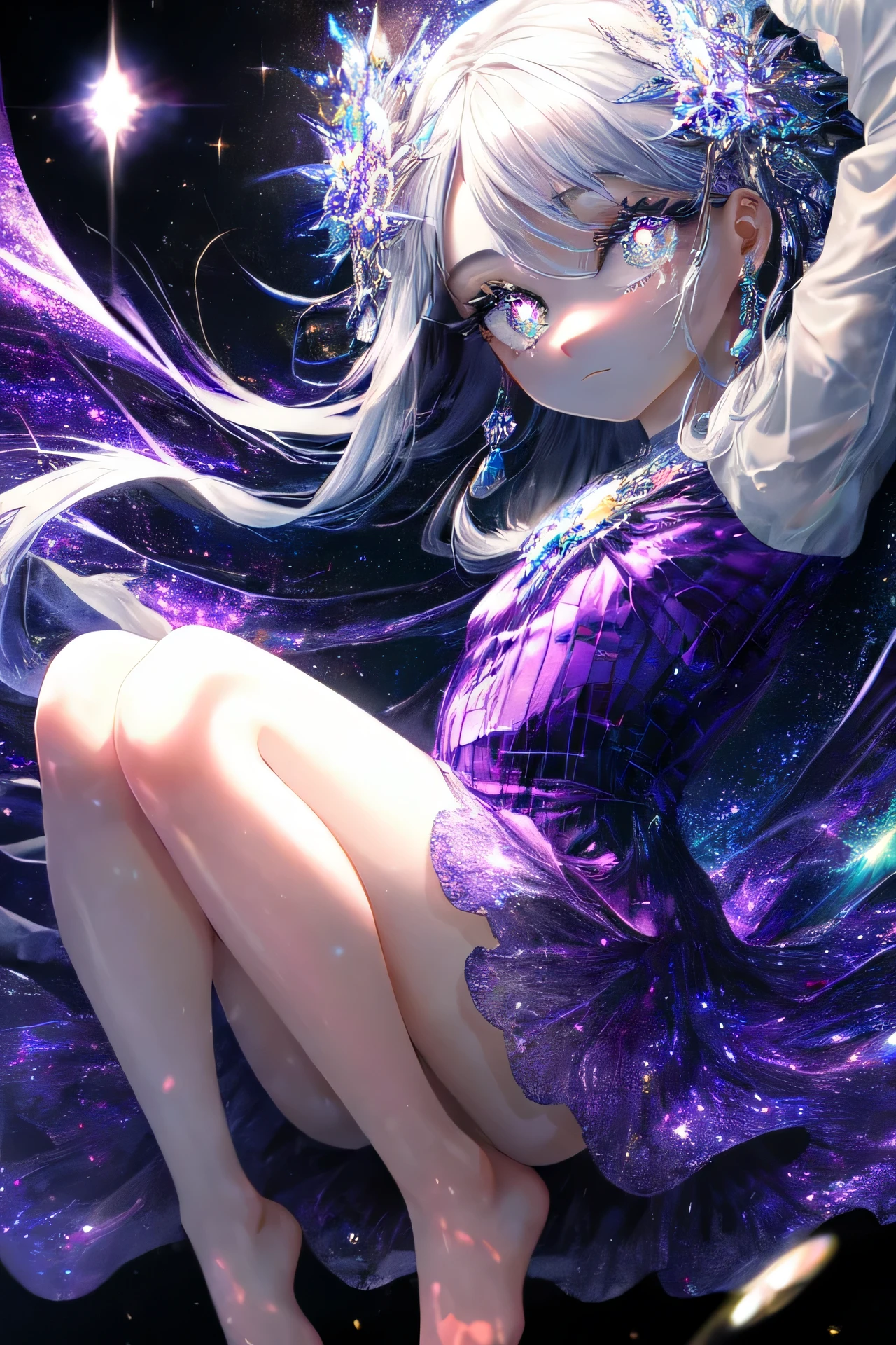 masterpiece, best quality, 4k resolution, close-up, big eyes, eyes, complex eyes, unique pupils, unusual pupils, side eyes, purple glowy hair, purple shiny dress, shiny sparkles on dress, active pose, full body, fantasy, magic, goddess, divine, barefoot, detail face, long eyelashes, glowing stars, glowing sparkles, galaxies background.