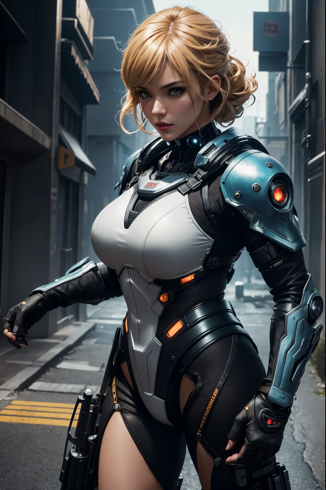(((HD photo))), ultra high res.photorealistic:. 1.4, UHD, masterpiece, trending on artstation, full body, closeup of face and cleavage, 1girl, pretty, cute face, most beautiful in the world, soft, delicate, (very short hair, blonde:1.3), cute breasts , (wearing neon blue tactical detailed suit with high-cut type, future mechanical technology suit with glowing neon light), wearing tactical headset:1.1, woman soldier:1.4, ((aiming with the gun:1.1), detailed abandoned building background,