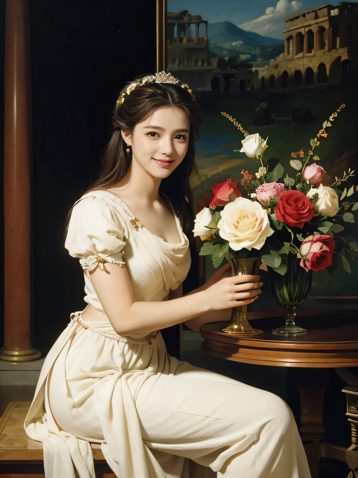 Raffaello Santi painting style,Arguments of two female 、roses in vase、fruits、Cute trinkets、smile、ancient greek costume、Woman standing on ancient Roman ruins ,A big smileare skin,