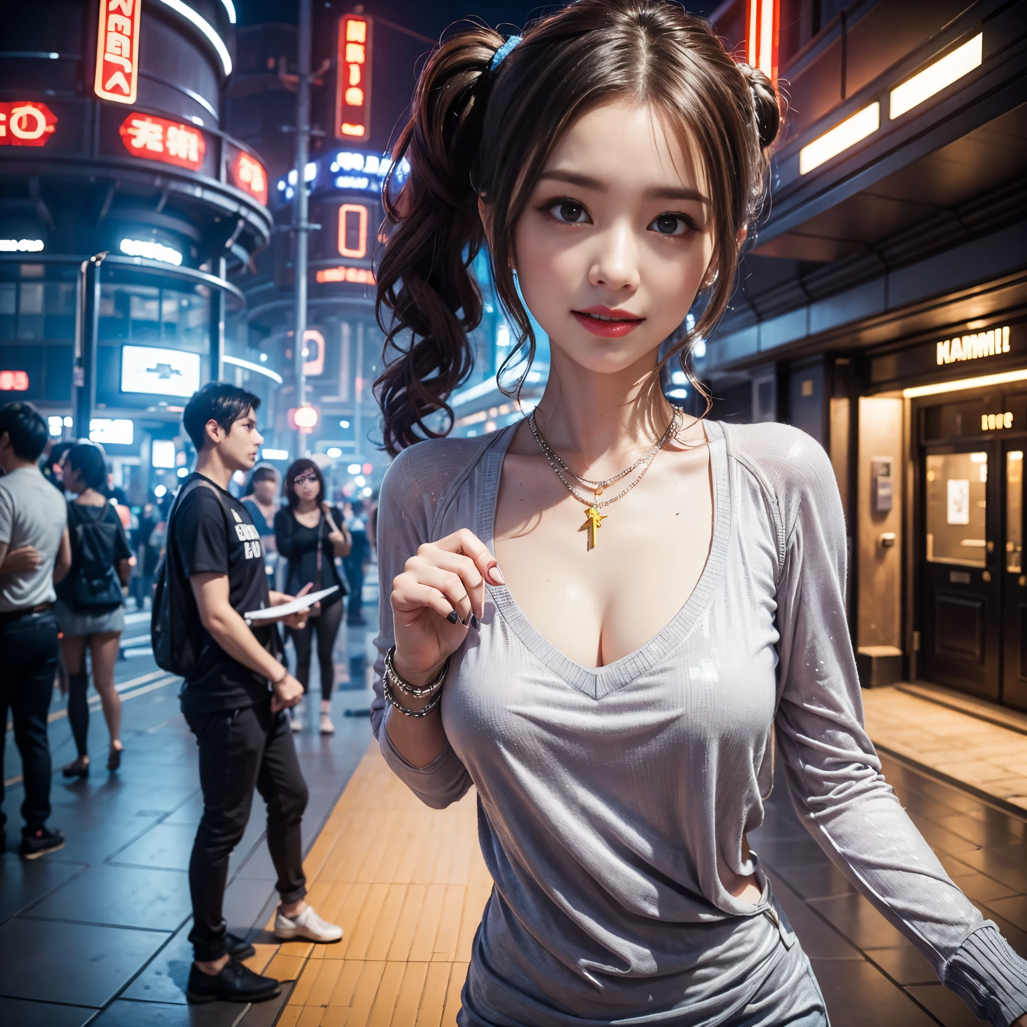 (masterpiece、highest quality))、shape、Super detailed、8k、realistic、sharp focus、very detailed、professional lighting、colorful details、(unparalleled beauty)、(detailed texture)、(skin moisture)、(shiny skin)、(perfect style)、( body)、(twin tails)、(smile)、Full body Esbian、bow、(precise fingers:1.505)、(Flashy T-shirts, jumpers, and :1.4)、(On the street corner of a futuristic city)、(jump big:1.25 )、(COMG3O)、(night:1.505)、big breasts、shine、intricate details、Shitsumeka、A woman is in front of the camera、
