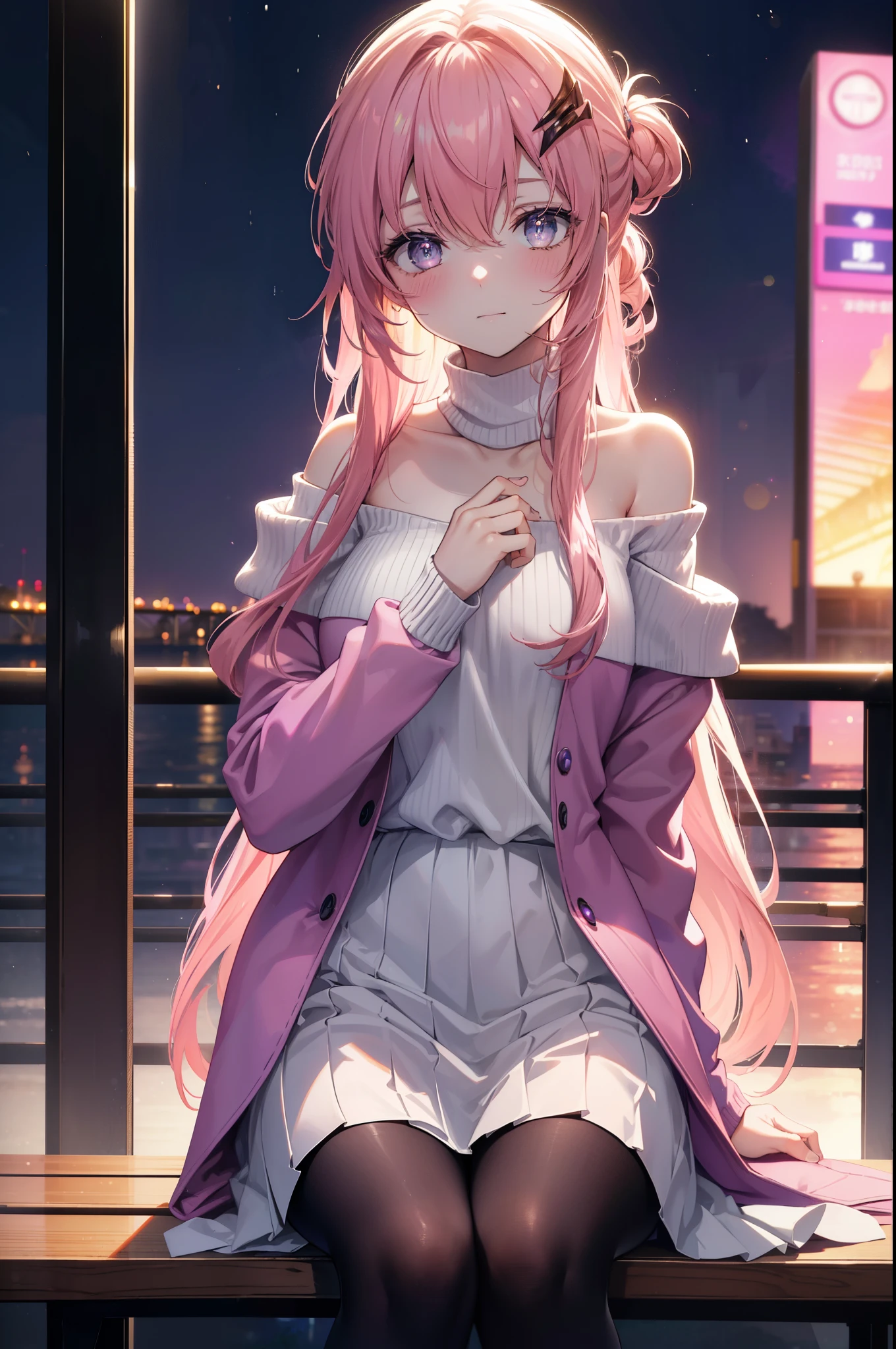 Lax Cline, Klein Lake, (purple eyes:1.1), hair ornaments, long hair, wave hair ornaments, blush,pink hair, smile,The front of the pink coat is open,white off shoulder sweater,naked neck,bare shoulders,bare clavicle,mini skirt,black pantyhose,short boots,Sitting on a bench in a station,winter,meeting,evening,sunset,
break looking at viewer, (cowboy shot:1.5),
break outdoors, station entrance, 
break (masterpiece:1.2), highest quality, High resolution, unity 8k wallpaper, (figure:0.8), (detailed and beautiful eyes:1.6), highly detailed face, perfect lighting, Very detailed CG, (perfect hands, perfect anatomy),