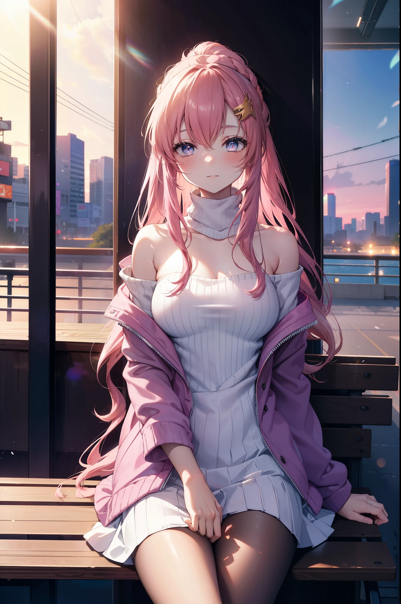 Lax Cline, Klein Lake, (purple eyes:1.1), hair ornaments, long hair, wave hair ornaments, blush,pink hair, smile,The front of the pink coat is open,white off shoulder sweater,naked neck,bare shoulders,bare clavicle,mini skirt,black pantyhose,short boots,Sitting on a bench in a station,winter,meeting,evening,sunset,
break looking at viewer, (cowboy shot:1.5),
break outdoors, station entrance, 
break (masterpiece:1.2), highest quality, High resolution, unity 8k wallpaper, (figure:0.8), (detailed and beautiful eyes:1.6), highly detailed face, perfect lighting, Very detailed CG, (perfect hands, perfect anatomy),