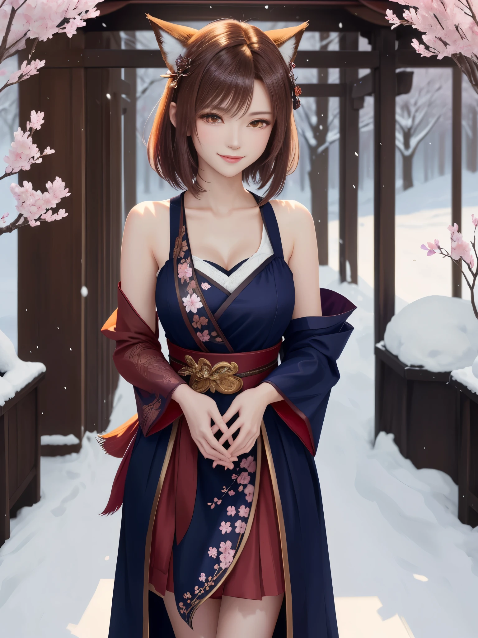 masterpiece , best quality,smile,smile,small face,shoulder exposure,less cleavage exposure,light brown hair,Rolled hair,slender body shape,brown eyes,sharp contrast,short hair,Beautiful short hair,Berry Short,short cut hair,just one person,precision quality,Faithfully reproduced eyes, The surroundings are shining gold,一面に咲くcherry blossom background,snow scene,masterpiece, 幻想的なcherry blossom background,night,nightの背景,cherry blossom background,beautiful details, colorful, delicate details, delicate lips, intricate details, genuine, ultrargenuineista, 枝に座っている色とりどりの髪のFoxを持つ女の子:Mature, bright eyes, ,色とりどりのFox, raposa de nine tails, 三尾Fox, 三尾Fox, onmyoji detail art, beautiful fine art illustration, mythical creatures, Fox, beautiful digital art,shrine maiden,hold hands,exquisite digital illustration, mizutsune, Inspired by mythical wild web creatures, pixiv in digital art, shining light, high contrast, Mysterious,