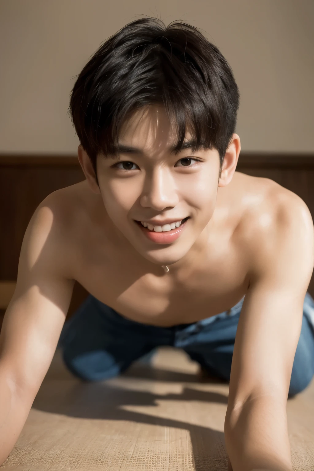 Solo, male focuasterpiece, ultra quality, high resolution, 8k, intricate: 1.2), (detailed face:1.2), handsome, Young Korean man , smiling, sticking out his tongue, wearing nothing, fully naked, correct looking body , detailed skin, 1boy, ((realistic)), (Crawling on All Fours, Kneeling),