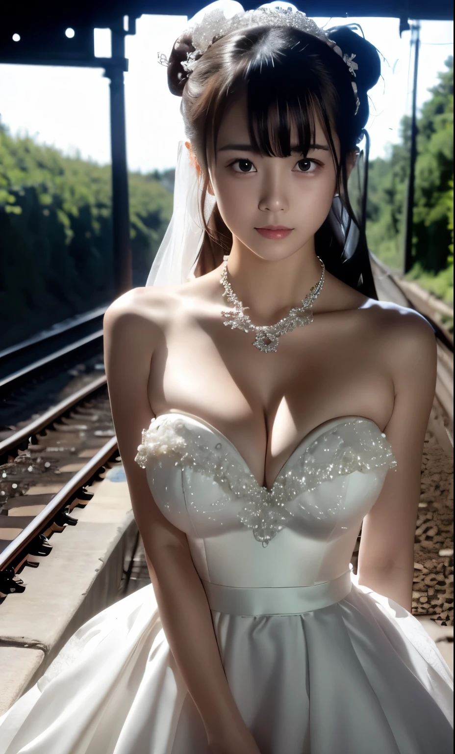 (((Pixel perfect, Perfect details))), alone, 1 girl,bride, yuigahama yui, Shut up, 美丽bride穿美麗婚紗的特写,Gurwitz, (((bride頭紗))),(transparent short veil),blush,eye shadow,Blushing face,Head flower,headgear,((bouquet)),((((tube top wedding dress)))),(((strapless wedding dress))),(bare shoulders),pure white dress,(necklace),((earrings)),(large breasts:1.3),Bangs,lipstick,((White long elbow gloves)),Half-length photo,High-detail RAW color art,White long skirt,There is a railway track next to it,(standing on the railroad tracks:1.3),18 years old, (long twintails:1.5),(double bun:1.5), black hair,