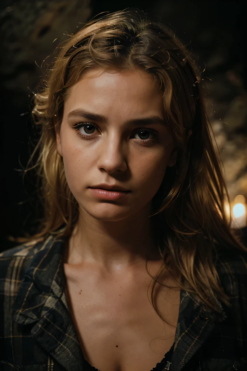 photograph of a woman, (troubled facial expression), textured skin, goosebumps, blonde afro hair, plaid flannel shirt with distressed boyfriend jeans, cowboy shot, dark and mysterious cave with unique rock formations and hidden wonders, perfect eyes, (candlelight,chiaroscuro), Porta 160 color, shot on ARRI ALEXA 65, bokeh, sharp focus on subject, shot by Don McCullin