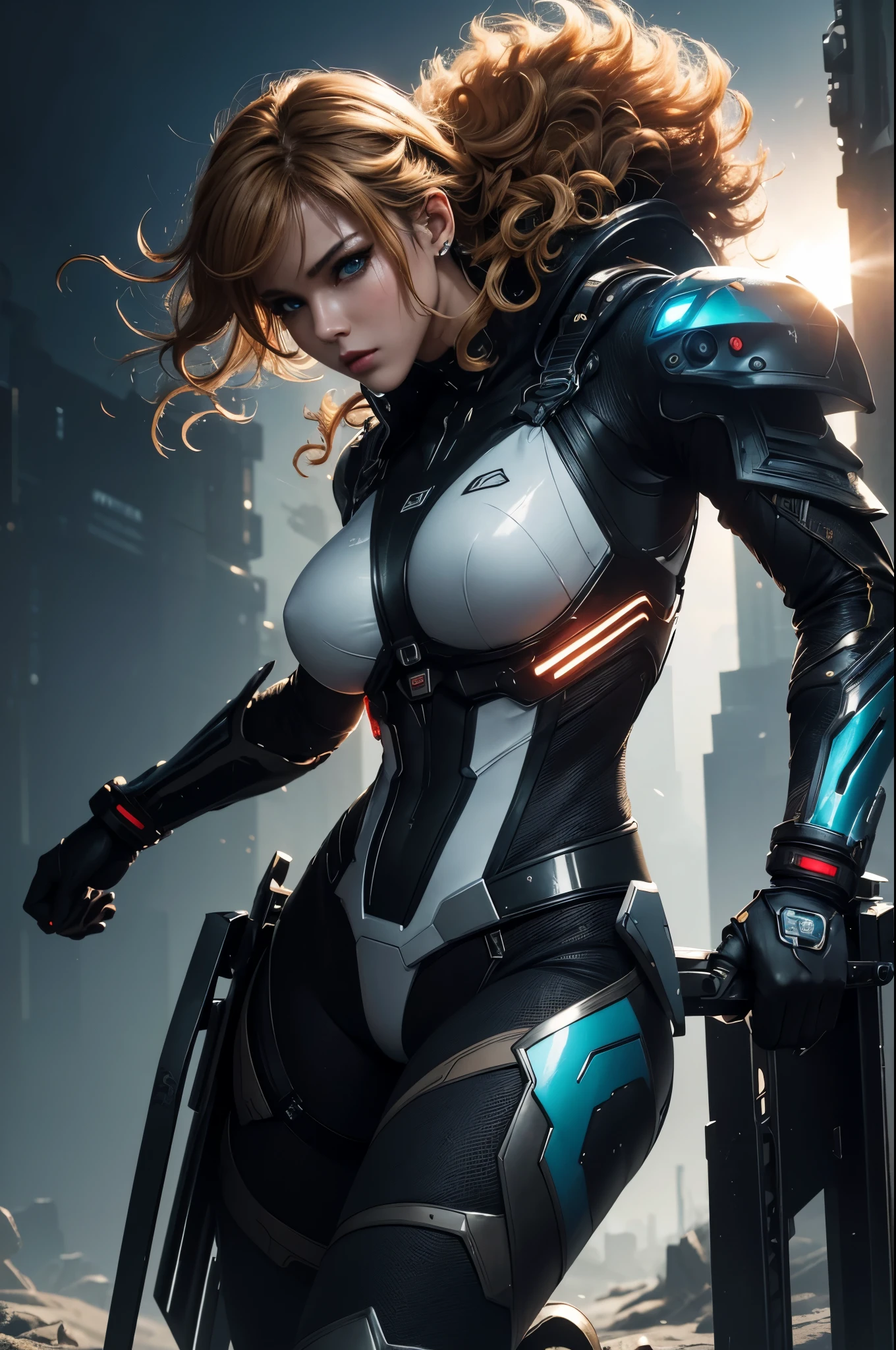 8K,cyber punk, ultra high resolution, highest quality, perfect shiny glowing skin, perfect lighting, detailed lighting, dramatic shadow, ray tracing, 1 beautiful white man, looking at the viewer, small breasts, Beautifully detailed hazel eyes, sharp face, clear eyes, red lips, long bangs, short curly hair, blonde, ((cyber punkのダークシティ)), Upper body, sexy battle suit, military harness,masterpiece,highest qualityのフォトリアリスティックなRAW写真。bright colors,rich colors, Backlight, cinematic lighting, film grain, to be born, 50mm lens, Nikon D850,detailed character art,fantasy art,ultra high resolution,super realistic skin,perfect hand shape,mountain path,dynamic pose,fighting pose,action scene,martial arts,take a stand,Close-up,