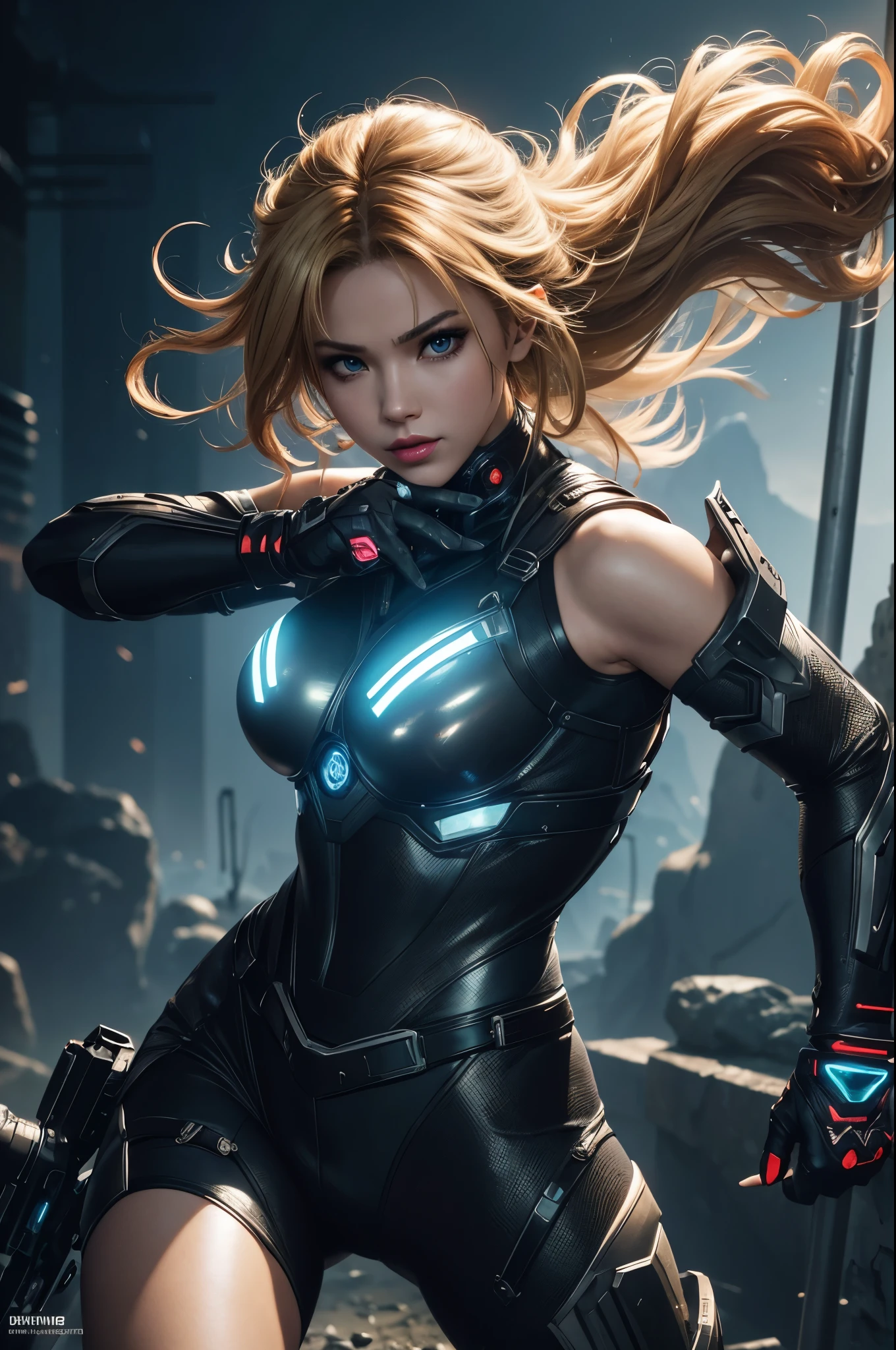 8K,cyber punk, ultra high resolution, highest quality, perfect shiny glowing skin, perfect lighting, detailed lighting, dramatic shadow, ray tracing, 1 beautiful white man, looking at the viewer, small breasts, Beautifully detailed hazel eyes, sharp face, clear eyes, red lips, long bangs, short curly hair, blonde, ((cyber punkのダークシティ)), Upper body, sexy battle suit, military harness,masterpiece,highest qualityのフォトリアリスティックなRAW写真。bright colors,rich colors, Backlight, cinematic lighting, film grain, to be born, 50mm lens, Nikon D850,detailed character art,fantasy art,ultra high resolution,super realistic skin,perfect hand shape,mountain path,dynamic pose,fighting pose,action scene,martial arts,take a stand,Close-up,