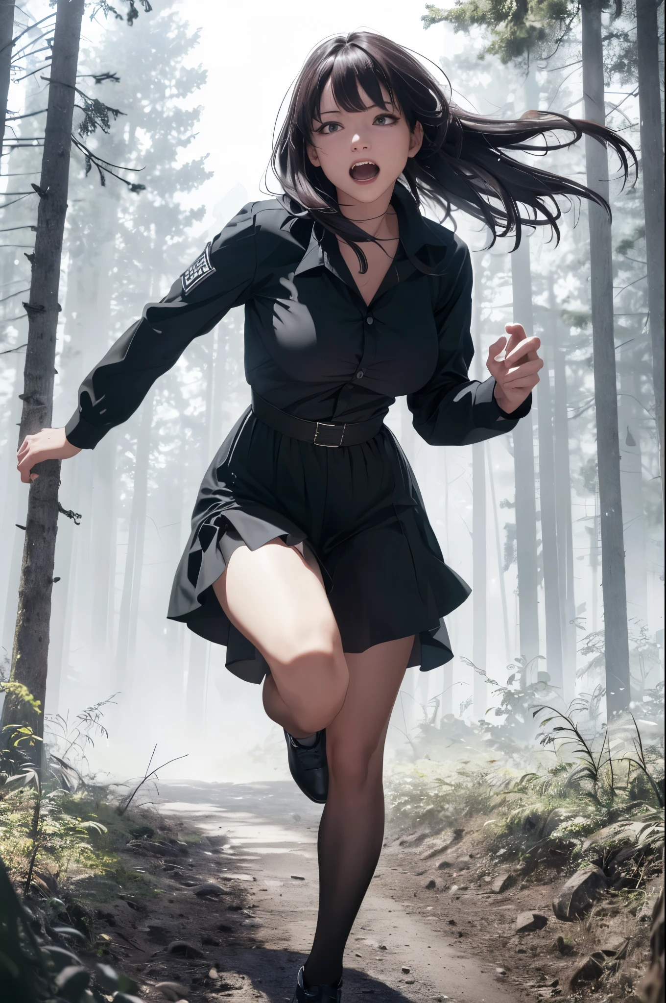 (best quality,4k,8k,highres,masterpiece:1.2), ultra-detailed, (realistic,photorealistic,photo-realistic:1.37), 1woman, running woman, chasing by monster, scared face expression, opened eyes, victim, dress, night dress, dark night forest background, monster chasing girl, long fangs