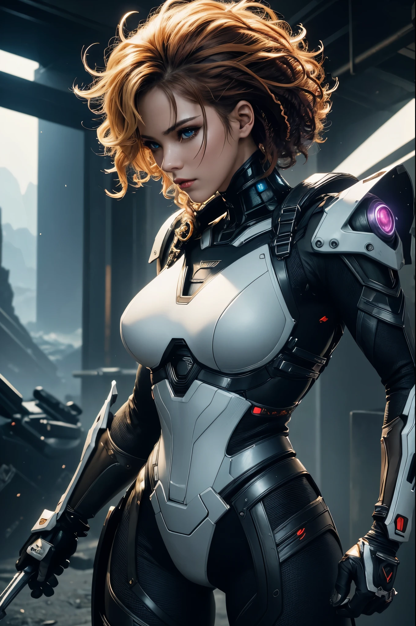 8K,cyber punk, ultra high resolution, highest quality, perfect shiny glowing skin, perfect lighting, detailed lighting, dramatic shadow, ray tracing, 1 beautiful white man, looking at the viewer, small breasts, Beautifully detailed hazel eyes, sharp face, clear eyes, red lips, long bangs, short curly hair, blonde, ((cyber punkのダークシティ)), Upper body, sexy battle suit, military harness,masterpiece,highest qualityのフォトリアリスティックなRAW写真。bright colors,rich colors, Backlight, cinematic lighting, film grain, to be born, 50mm lens, Nikon D850,detailed character art,fantasy art,ultra high resolution,super realistic skin,perfect hand shape,mountain path,dynamic pose,fighting pose,action scene,martial arts,take a stand,Close-up,