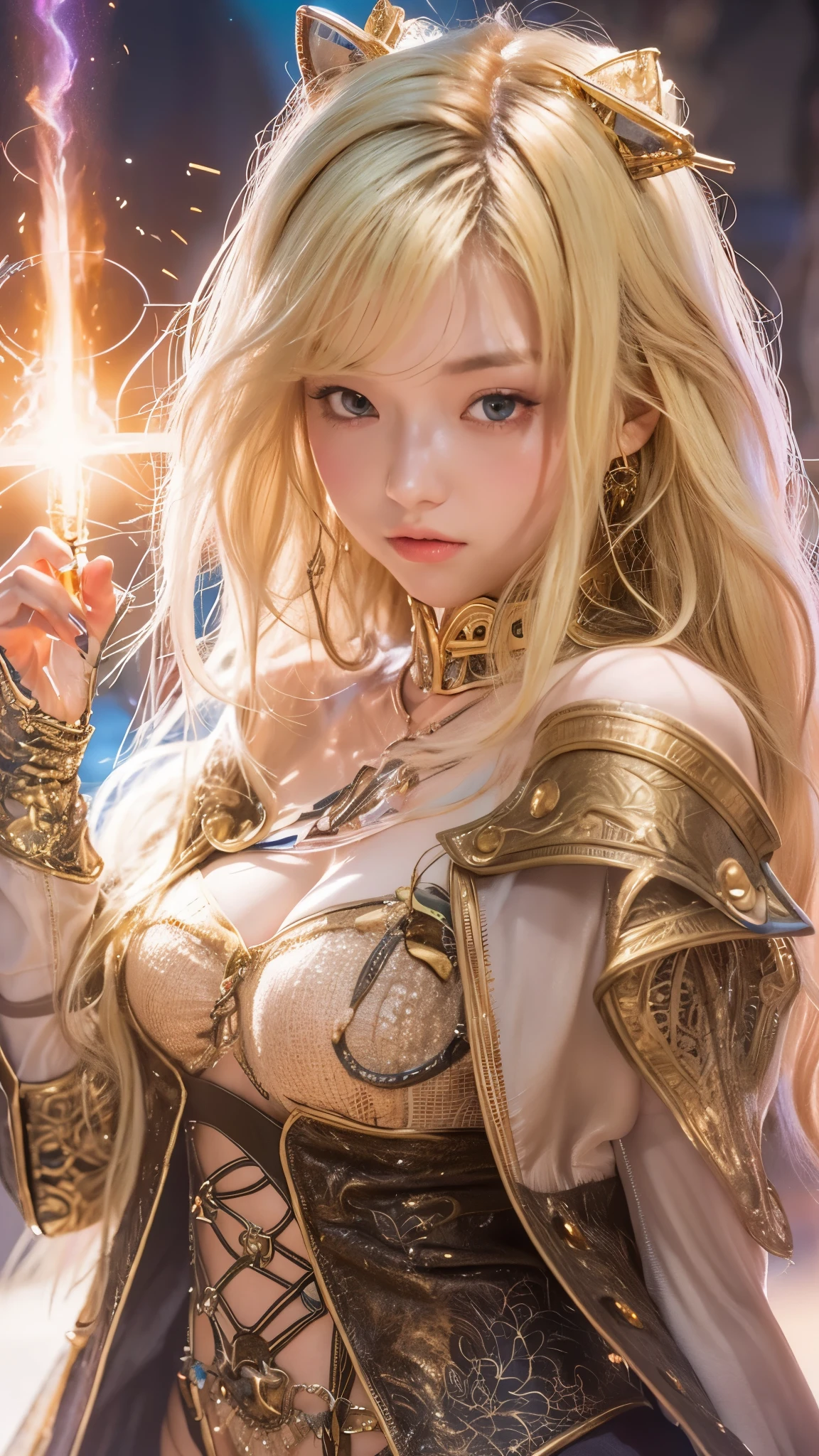 Highly detailed CG Unity 8k wallpaper, highest quality, Super detailed, masterpiece, realistic, photo realistic, Very knowledgeable cute girl, 18-year-old,  ((Wizard's attire、The Wizard's Long Wand、magic circle))、((blonde hair:1.4)), ((dyed blonde hair)),  round eyes, viewer,   bikini, blush, parted lips , full body shot ,straight hair