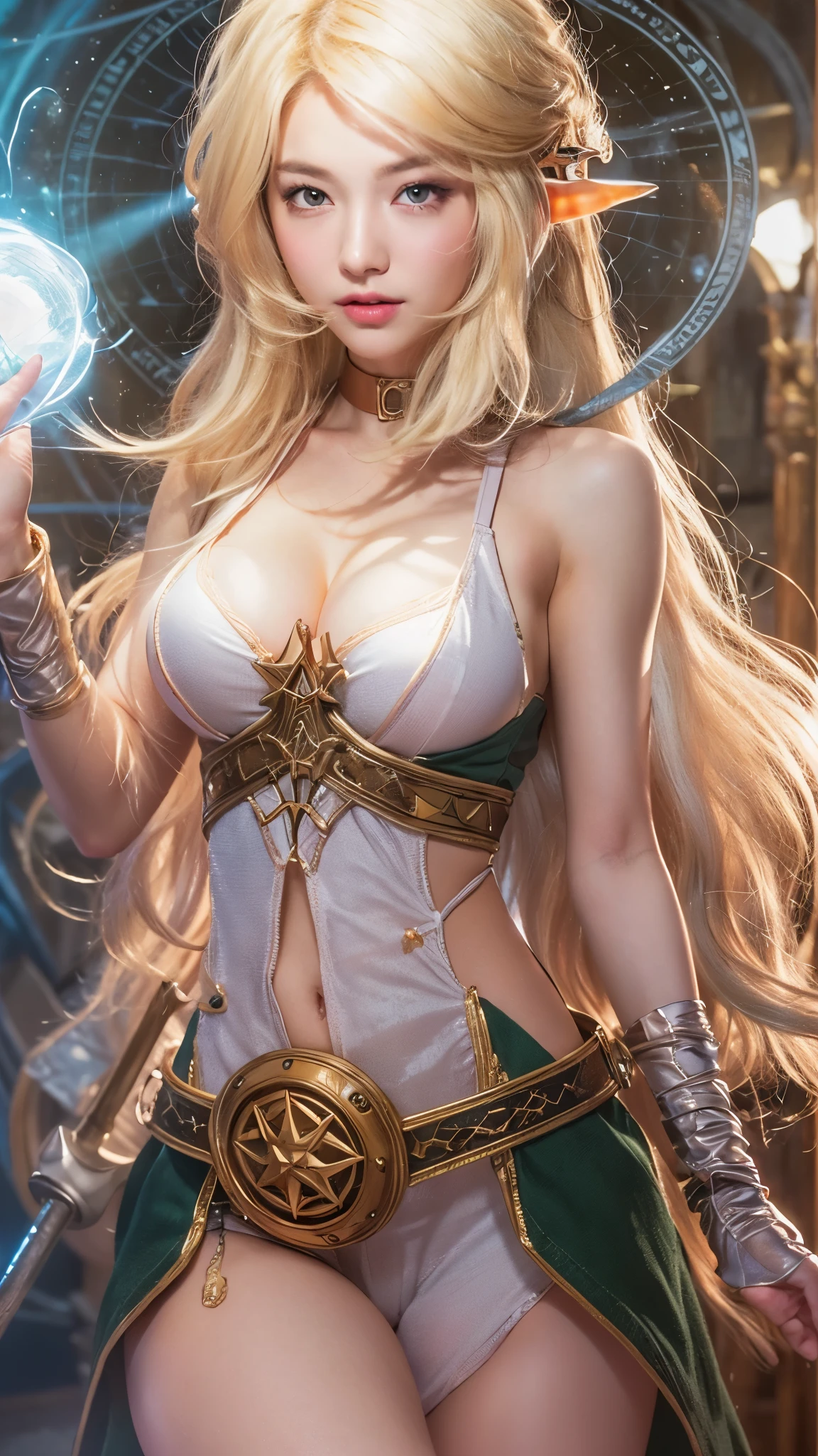 Highly detailed CG Unity 8k wallpaper, highest quality, Super detailed, masterpiece, realistic, photo realistic, Very knowledgeable cute girl, 18-year-old, ((Wizard's attire、The Wizard's Long Wand、magic circle))、((blonde hair:1.4)), ((dyed blonde hair)), round eyes, viewer, bikini, blush, parted lips , full body shot ,straight hair