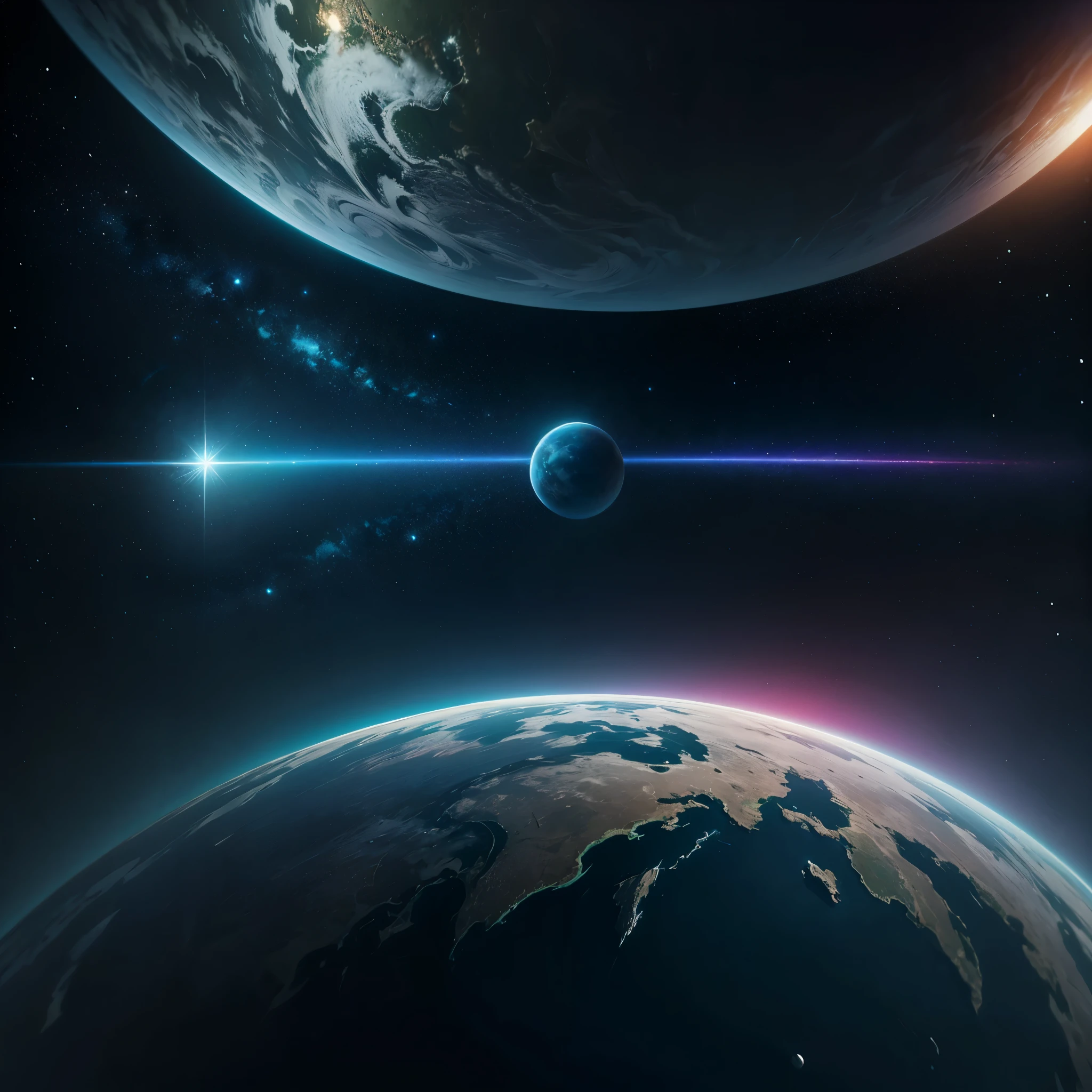 New beautiful, romantic, nostalgic, space, ocean of a planet, 80s futuristic music album, minimalistic, HDR and RTH techniques employed, UHD resolution ensuring high quality, 14-step detail enhancement, 30-layer composition method, cinematic and photorealistic look, vivid colors post color correction, highly detailed for use as a wallpaper at super resolution up to 32K, ultra-fine textures, 4K full snapshot clarity, 8K ultra