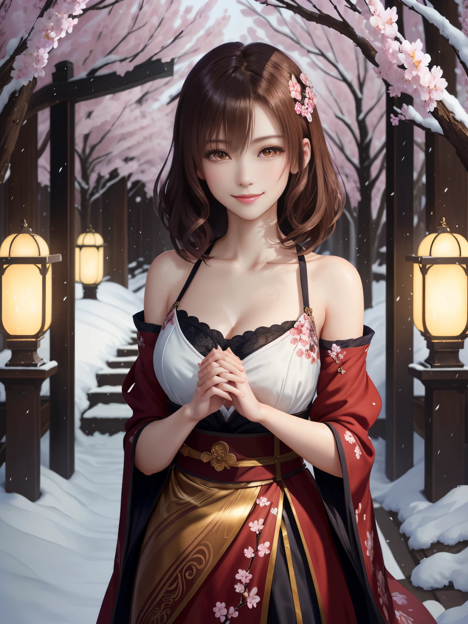 masterpiece , best quality,smile,smile,small face,shoulder exposure,less cleavage exposure,light brown hair,beautifully curled hair,slender body shape,brown eyes,sharp contrast,short hair,Beautiful short hair,Berry Short,short cut hair,just one person,precision quality,Faithfully reproduced eyes, The surroundings are shining gold,一面に咲くcherry blossom background,snow scene,masterpiece, 幻想的なcherry blossom background,night,nightの背景,cherry blossom background,beautiful details, colorful, delicate details, delicate lips, intricate details, genuine, ultrargenuineista, 枝に座っている色とりどりの髪のFoxを持つ女の子:Mature, bright eyes, ,色とりどりのFox, raposa de nine tails, 三尾Fox, 三尾Fox, onmyoji detail art, beautiful fine art illustration, mythical creatures, Fox, beautiful digital art,shrine maiden,hold hands,exquisite digital illustration, mizutsune, Inspired by mythical wild web creatures, pixiv in digital art, shining light, high contrast, Mysterious,