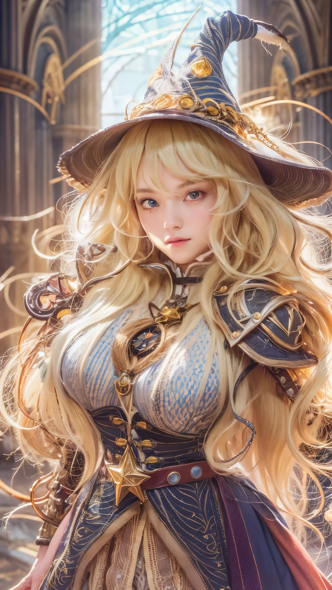 Highly detailed CG Unity 8k wallpaper, highest quality, Super detailed, masterpiece, realistic, photo realistic, Very knowledgeable cute girl, 18-year-old, ((Wizard's attire、The Wizard's Long Wand、magic circle))、((blonde hair:1.4)), ((dyed blonde hair)), round eyes, viewer, bikini, blush, parted lips , full body shot ,straight hair