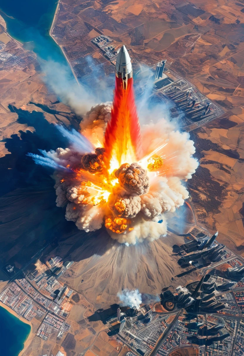 ((satellite image:1.5))，((Aerial viewing angle:1.5))，spaceship，Sky，explode，giant flame，smoke，Earth view from space，dynamic，powerful，Compared，Human exploration，mod，determination，Orange-red flame，blue sky，City，mountains，visual impact，Detailed layer