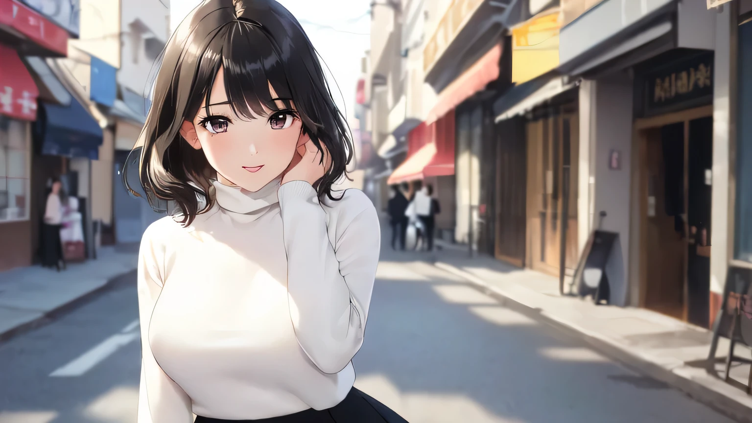 (8K RAW写真, highest quality), ((table top)), 超A high resolution,, movie,( 30 years old, narrow side, 1 girl, long eyelashes, eye highlights), natural skin texture, perfectly proportioned face, Realistic eye and face details, lipstick, (compensate),((Black Long Sleeve Turtleneck)), black eyeshadow,perm hair, fluffy short hair, hair is dirty, smile, close your mouth, slanted eyes、beautiful feet, tall woman, long tight skirt, slim legs, alone, (street, detailed background), blurry background, blurry, black hair, bangs, parted lips, written boundary depth、look straight at the camera、Standing position、thick eyebrows、brown eyes
