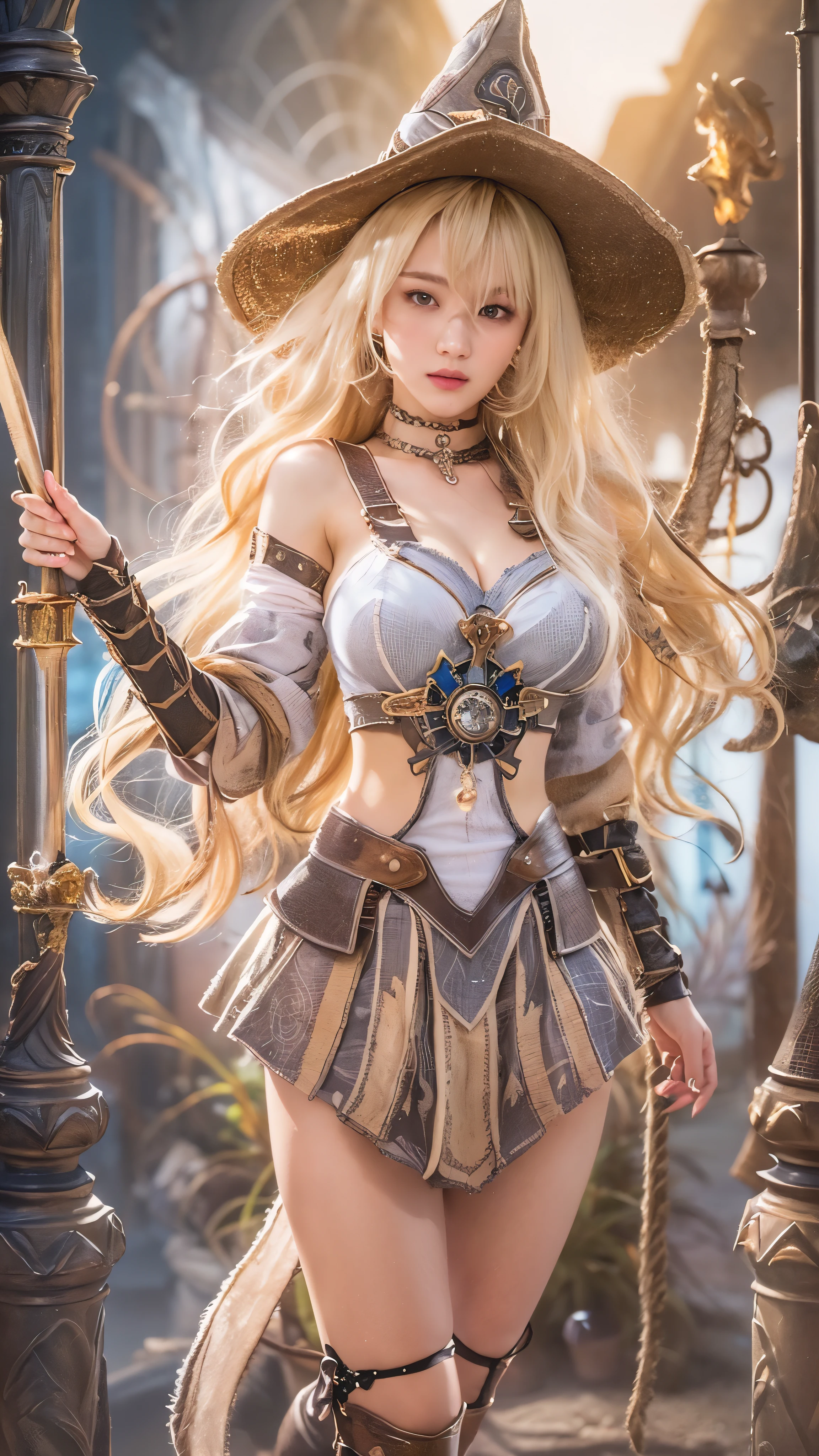 Highly detailed CG Unity 8k wallpaper, highest quality, Super detailed, masterpiece, realistic, photo realistic, Very knowledgeable cute girl, 18-year-old, ((Wizard's attire、The Wizard's Long Wand、magic circle))、((blonde hair:1.4)), ((dyed blonde hair)), round eyes, viewer, bikini, blush, parted lips , full body shot ,straight hair