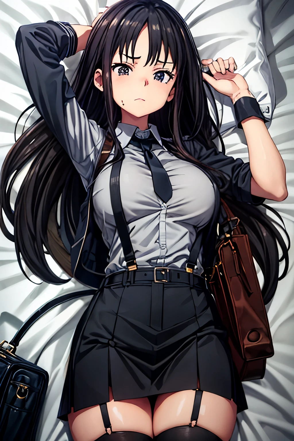 suit,collared shirt,belt bag,Suspender black miniskirt　garter belt　knee high　stockings　black they are not　カラコンarmpit sweat　Sweat　sides of both hands,black tank top,sight,big breasts,armpit sweat,expose armpits"tight clothes、raise both hands、Wristband　lying on the bed　　　behind the back　center of forehead