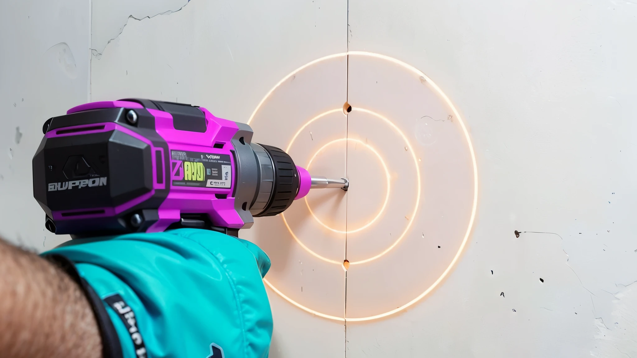 a close up of a person wearing blue gloves, using a drill to drill a hole, intricate accuracy, light laser in the wall, mid range shot, purple BULLSEYEBORE core , highly accurate, same design, 16k resolution, with expression, realistic image, hyper realistic image,