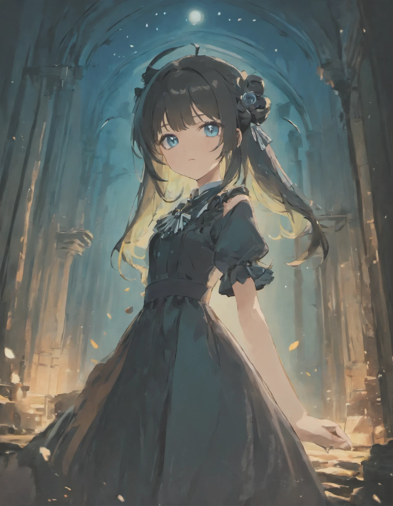 Costume planning theme British Romantic Classical Lolita Long black hair Young lady Blue eyes Slender Hairpin Feel the coldness in beauty Top quality Standing in the ruins 