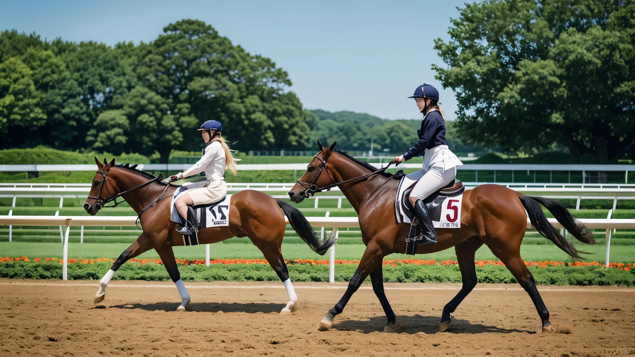 Japanese、horse racing、blonde、woman、riding a horse、wearing a dress