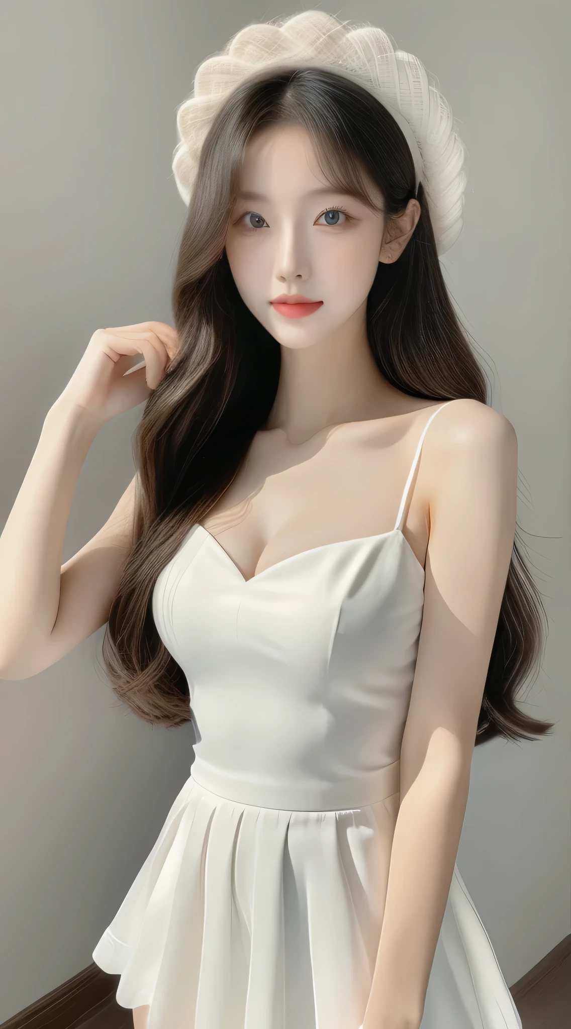 Beautiful woman with perfect body：1.4，layered hairstyle，obvious，Gray 2D costume：1.5，Highly detailed face and skin textures，double eyelids，whiten skin，long white hair