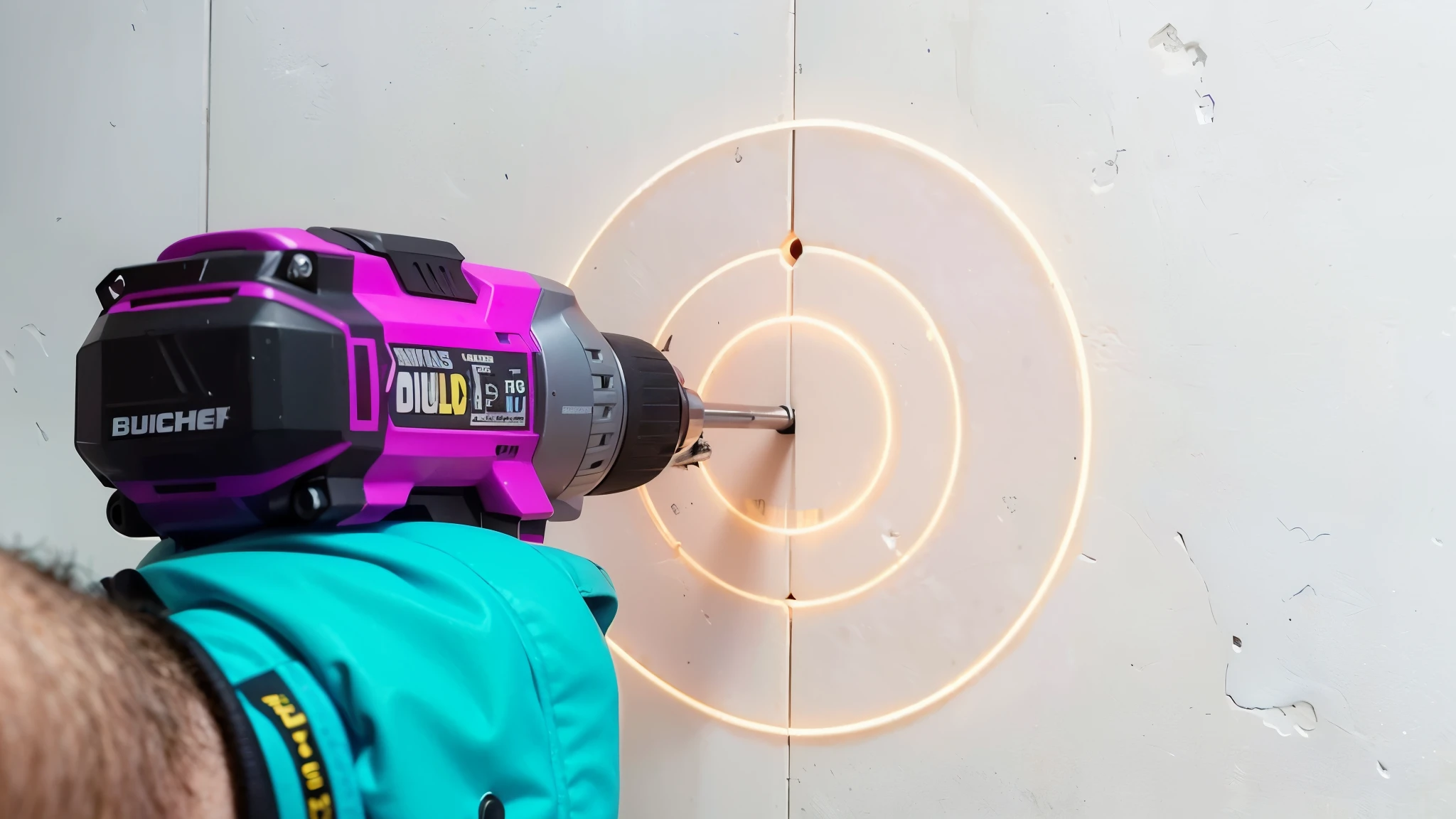 a close up of a person wearing blue gloves, using a drill to drill a hole, intricate accuracy, light laser in the wall, mid range shot, purple BULLSEYEBORE core , highly accurate, same design, 16k resolution, with expression, realistic image, hyper realistic image,