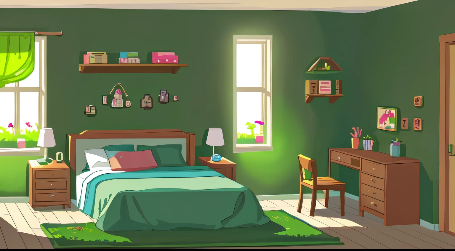 Girl's room,girlyfeeling,muted pastel colors,Greenery,Beds,s girl,pixelart,lofi,Particle