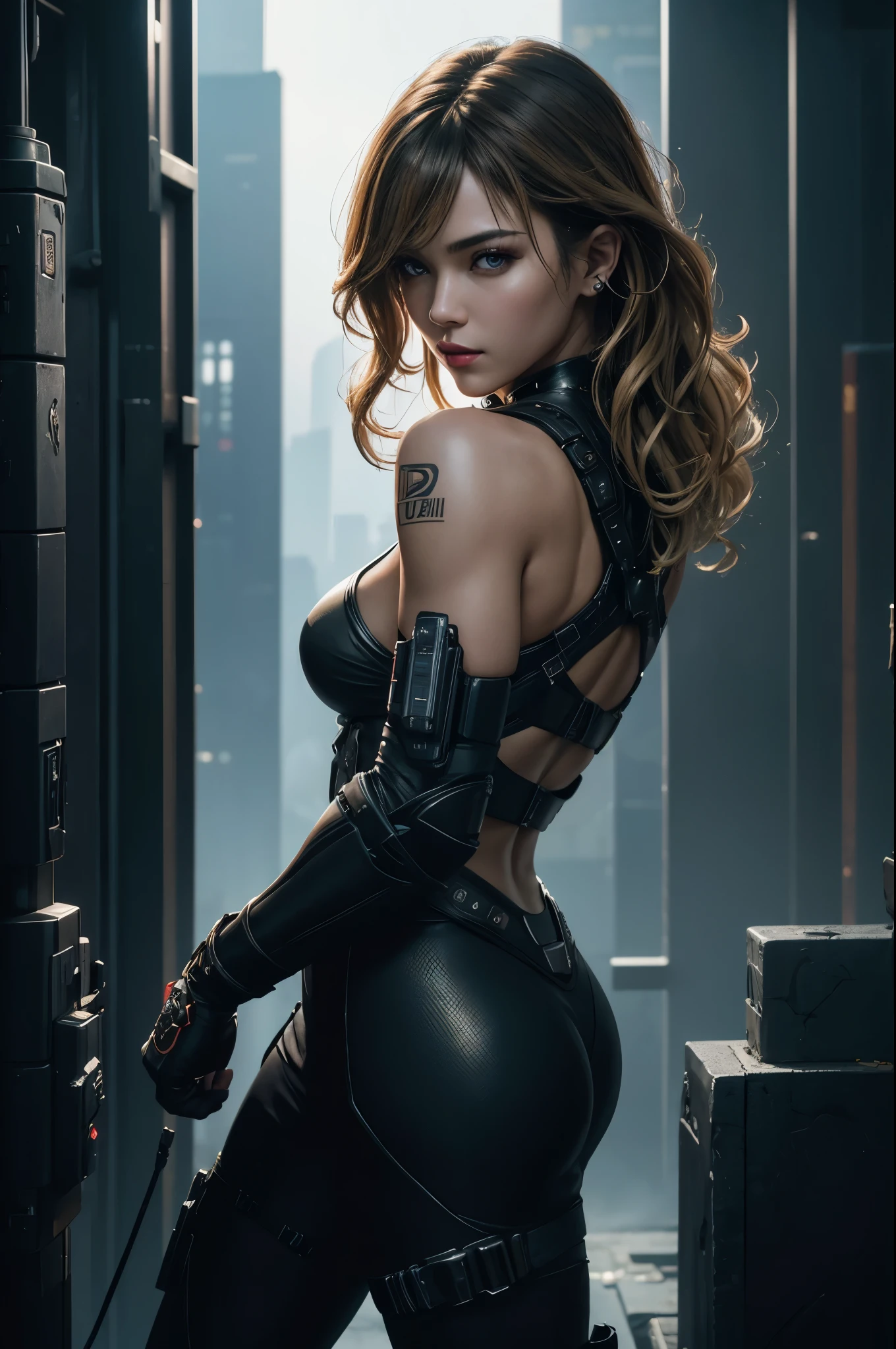 8K,sexyなサイバーパンク, ultra high resolution, highest quality, perfect shiny glowing skin, perfect lighting, detailed lighting, dramatic shadow, ray tracing, 1 beautiful white man, looking at the viewer, small breasts, Beautifully detailed hazel eyes, sharp face, clear eyes, red lips, long bangs, short curly hair, blonde, ((cyberpunk dark city)), Upper body, sexyなバトルスーツ, military harness,masterpiece,highest qualityのフォトリアリスティックなRAW写真。bright colors,rich colors, Backlight, cinematic lighting, film grain, to be born, 50mm lens, Nikon D850,detailed character art,fantasy art,ultra high resolution,super realistic skin,perfect hand shape,mountain path,dynamic pose,fighting pose,action scene,martial arts,take a stand,front closeup,sexy,