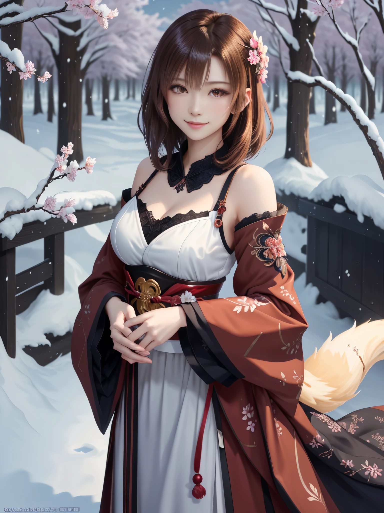 masterpiece , best quality,smile,smile,small face,shoulder exposure,less cleavage exposure,light brown hair,beautifully curled hair,slender body shape,brown eyes,sharp contrast,short hair,Beautiful short hair,Berry Short,short cut hair,just one person,precision quality,Faithfully reproduced eyes, The surroundings are shining gold,一面に咲くcherry blossom background,snow scene,masterpiece, 幻想的なcherry blossom background,night,nightの背景,cherry blossom background,beautiful details, colorful, delicate details, delicate lips, intricate details, genuine, ultrargenuineista, 枝に座っている色とりどりの髪のFoxを持つ女の子:Mature, bright eyes, ,色とりどりのFox, raposa de nine tails, 三尾Fox, 三尾Fox, onmyoji detail art, beautiful fine art illustration, mythical creatures, Fox, beautiful digital art,shrine maiden,hold hands,exquisite digital illustration, mizutsune, Inspired by mythical wild web creatures, pixiv in digital art, shining light, high contrast, Mysterious,
