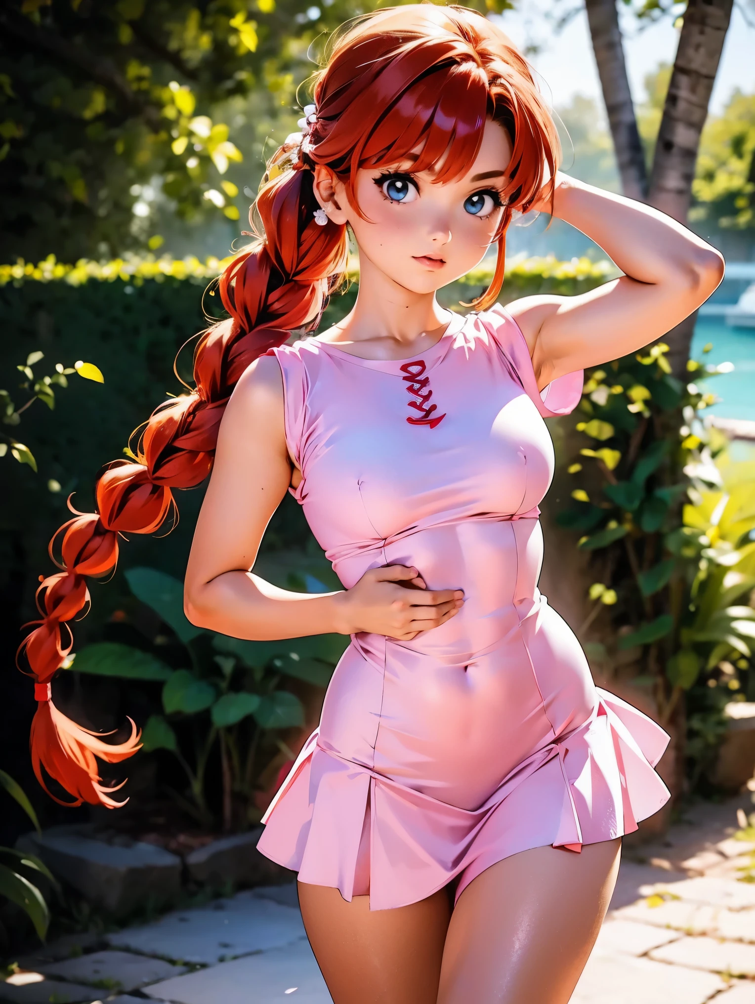 Garota anime ruiva com vestido longo pink com desenho de rosas casamento, saia, *******, corpo bonito, seios grandes, with hands behind head, running your hands through your hair, Garota sexy, red hair with braid , beautiful lighting, sombras suaves, olhos azuis, pernas bonitas, hair with braid, estilo anime, Ranma Chan, Autora Rumiko Takahashi, Baseado em obra de Rumiko Takahashi, Anime Ranma 1/ 2, decote sexy, quadril robusto, corpo inteiro, corpo inteiro, busto grande, garota jovem com corpo belo e bonito, sandals on his feet, garota ******* jovem baixa estatura, usando vestido longo pink com desenhos de rosas, estampa florida, vestido com arte florida de rosas, garota anime, estilo anime, beautiful feet in sandals, 45° viewing angle, ao ar livre, vestido com estampa florida rosas, vestido estampado flor rosa, corpo inteiro, corpo completo