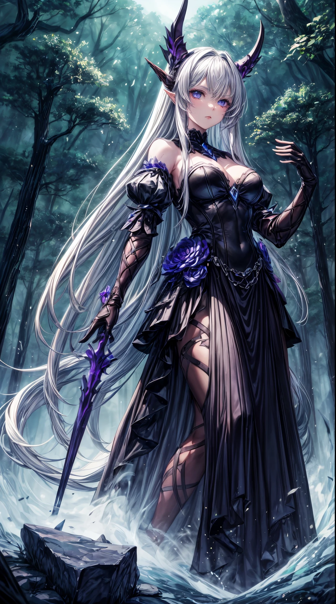 masterpiece,highest quality,Ultra high definition, Under the moonlight, a dark elf warrior stands quietly in a deep forest. Her silver hair blends into the darkness of the night, and her cold blue eyes stare into the distance. Her skin is pale, her ears long and pointed, and she is clad in black and purple. In her hand she holds a crafted black bow, and behind her stands a stone monument inscribed with ancient runes. Silence surrounds her, and her presence alone gives the forest a powerful impression, He is poised with the staff of darkness