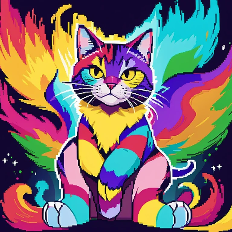 Pixel art，Cat，anger，the background is magnificent，Colorful fur，bold color pattern，One animal，Pop design，future map