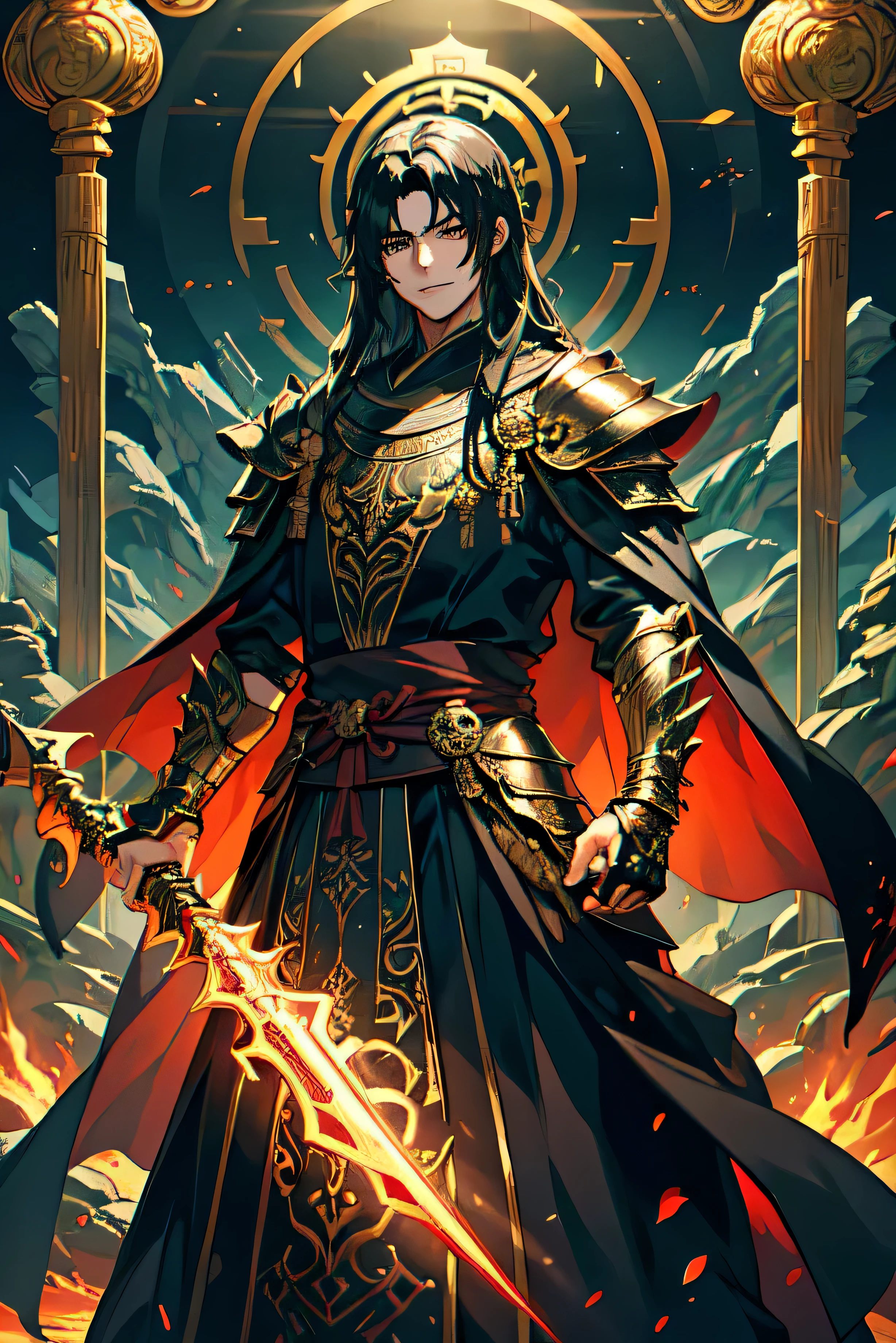 masterpiece, best quality, 8k, Crazy details, intricate details, super detailed, super quality, high detail, super detailed, 1 boy, armor, black armor, black fire background,black Cloak, Cloak, shut up, Colored sclera, Silver halo, evil Smile, Ash, fire,Ash色的, fire, dark, Blood, decorate, whole body, Gloves, glow, glow eyes, holding jewelry, long hair, looking at the audience, male focus, black eyes, shoulder armor, Smile, alone, peak, Permanent installation, teeth, torn Cloak, torn clothes, Transparent Background, arms, black hair, normal hand, 5 fingers on each hand,China costume,Chinese pattern