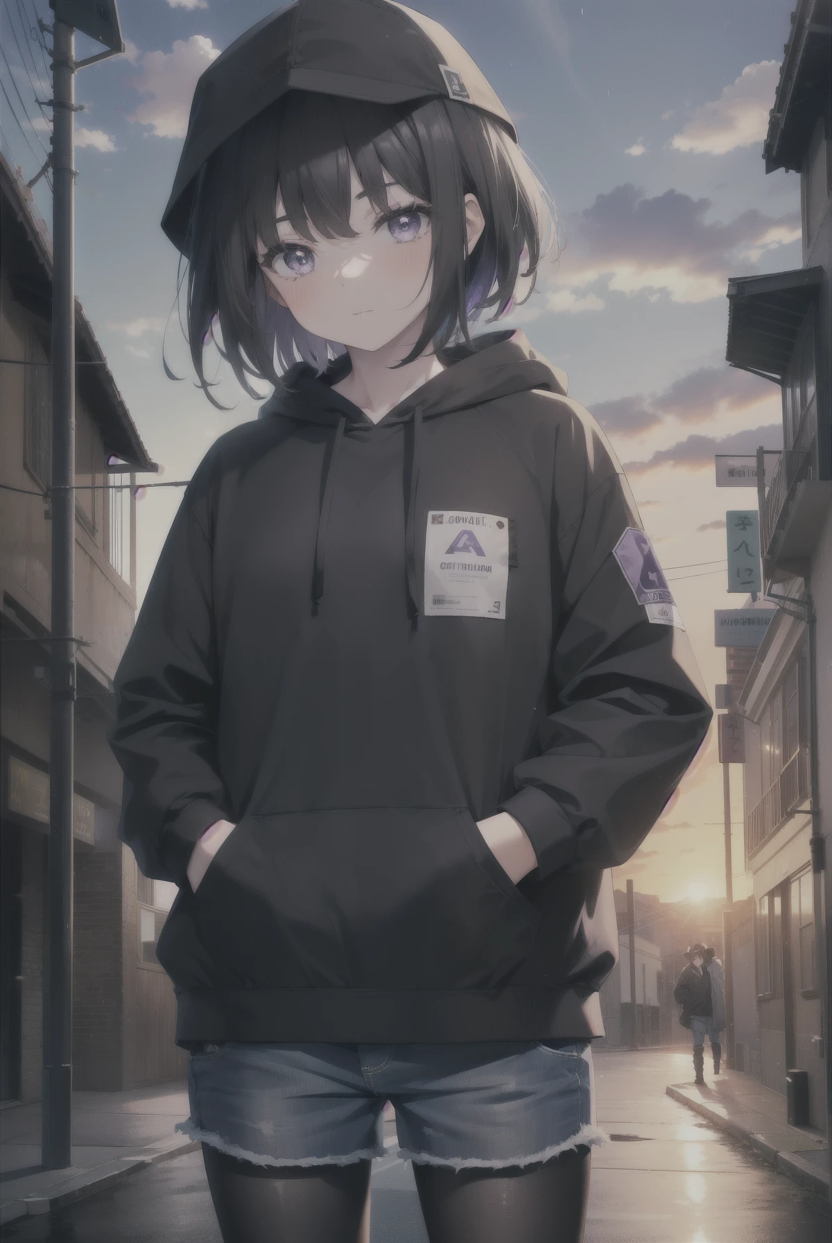 night scene、night、girl、Looking up、Black hoodie in town